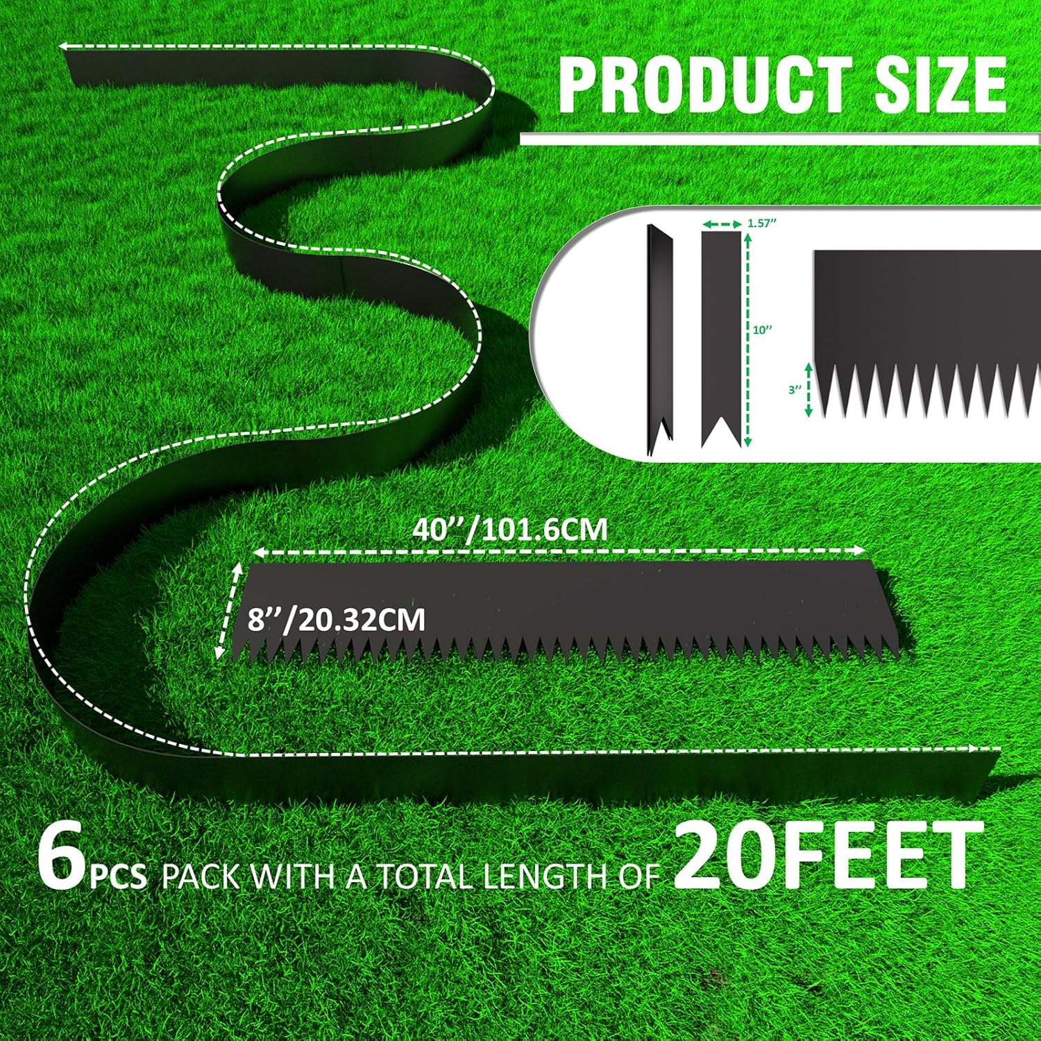 20ft. 6-Pack Galvanized Metal Edging for Landscaping - 40" L x 8" H Metal Landscape Edging with 6 Stakes, Hammer-in