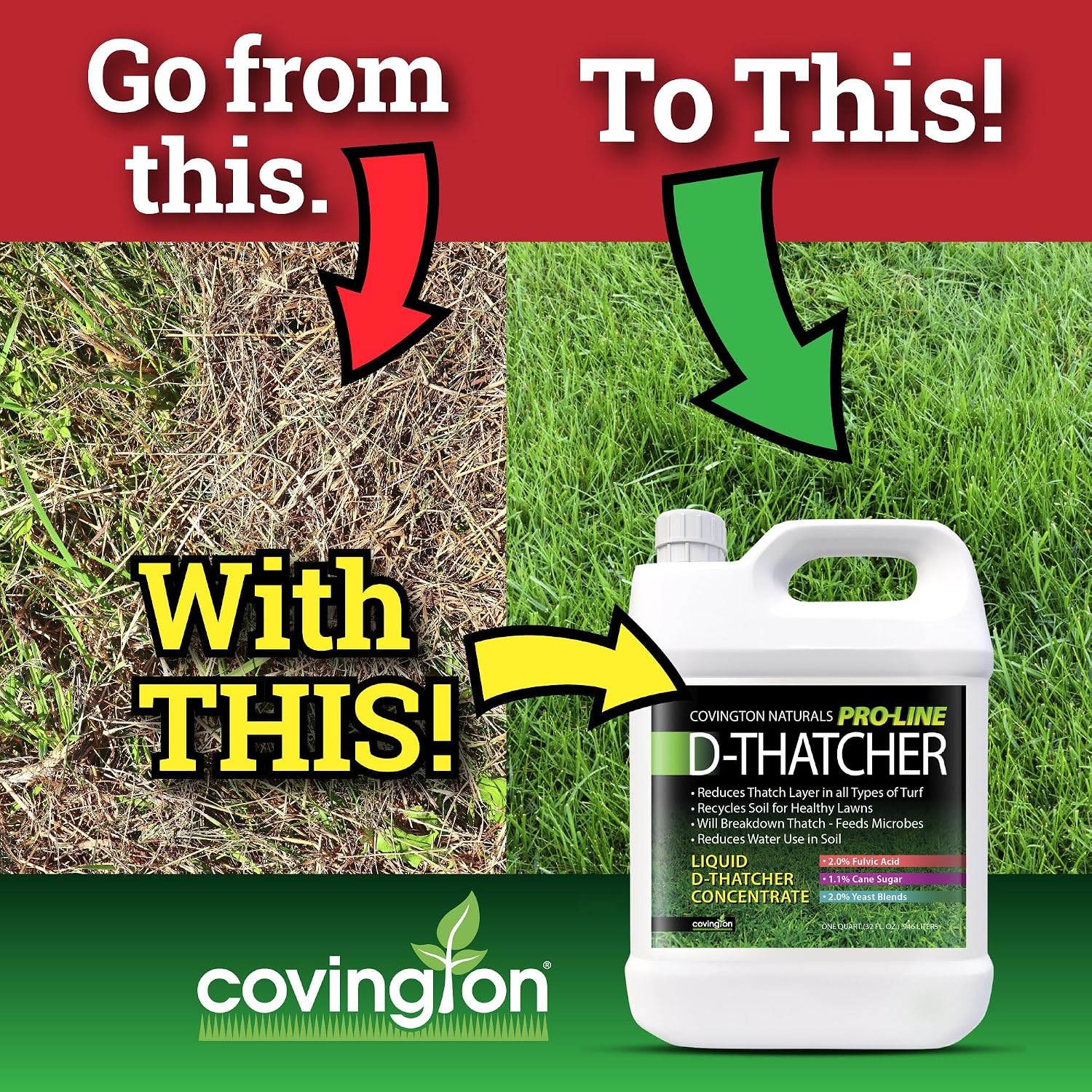 Covington PRO-LINE D-THATCHER Liquid Dethatcher (32oz) – Lawn Thatch Remover & Soil Softener, Grass Clipping Breakdown