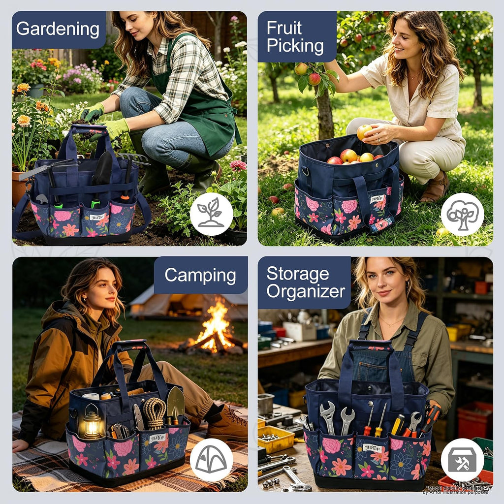 Hard Bottom Floral Garden Tool Tote Bag with Shoulder Strap | Gardening Tote Organizer with 8 pockets, Padded Handles
