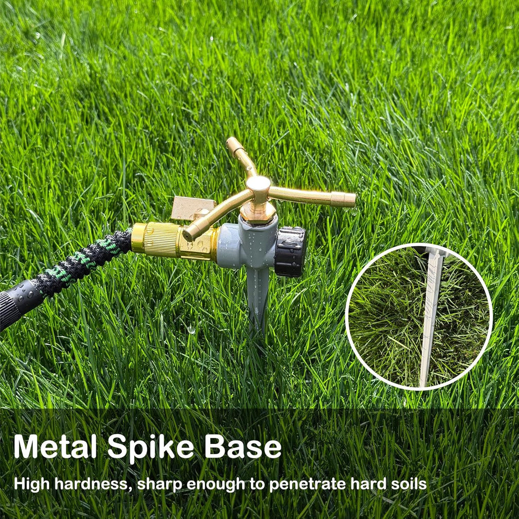 [2 Pack] 3-Arm Rotary Sprinkler Brass Nozzle Metal Spike Base | 3-arm rotary, brass nozzle, metal spike base, 360°