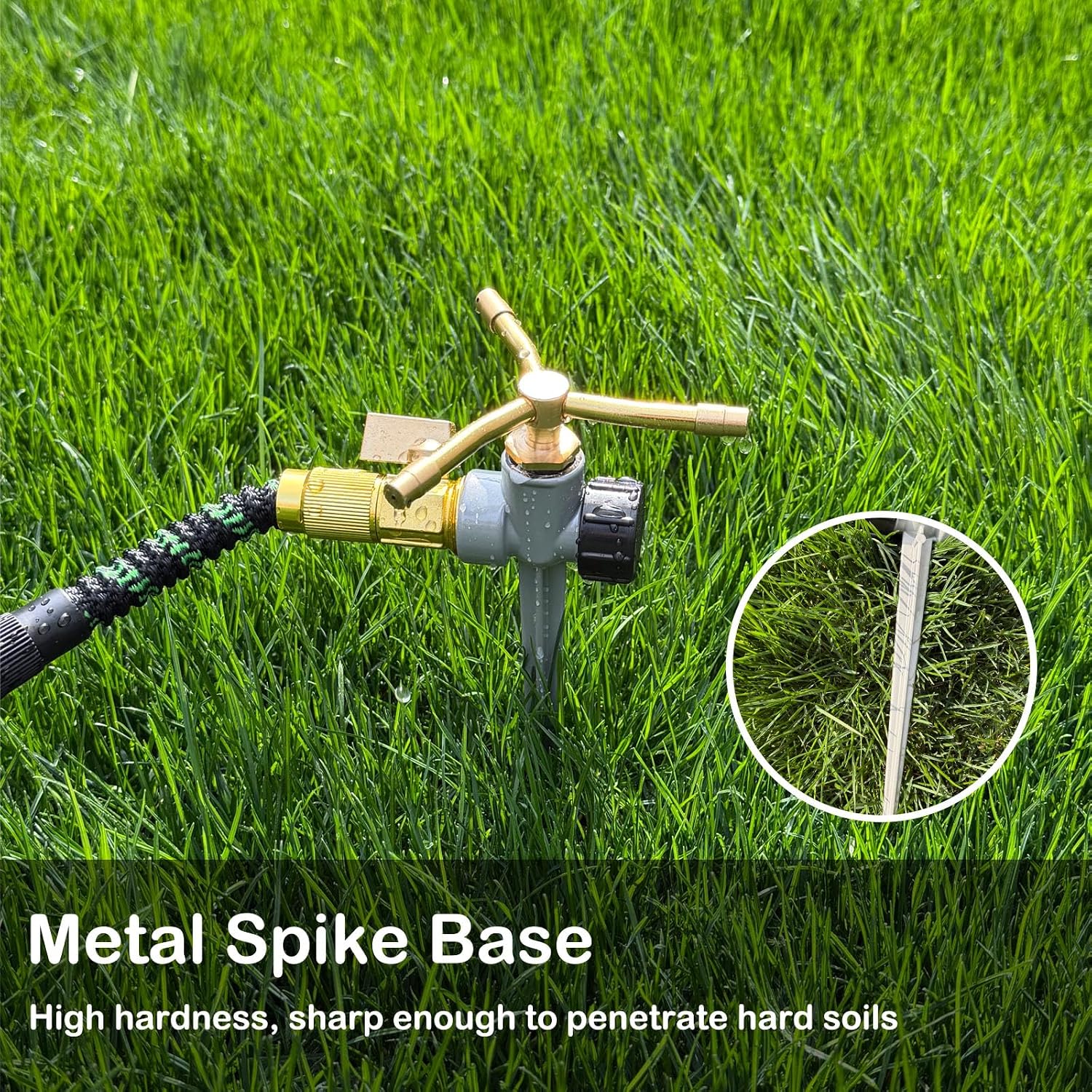 [2 Pack] 3-Arm Rotary Sprinkler Brass Nozzle Metal Spike Base | 3-arm rotary, brass nozzle, metal spike base, 360°