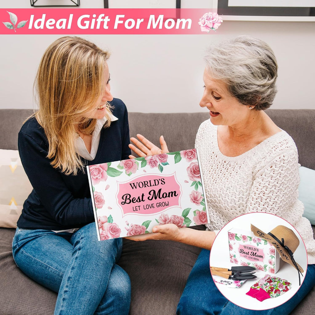 Mom Garden Tools Pink Hand Rake Transplanter Apron Trowel Straw Hat Planting Gloves Gardening Set with Box Outdoor
