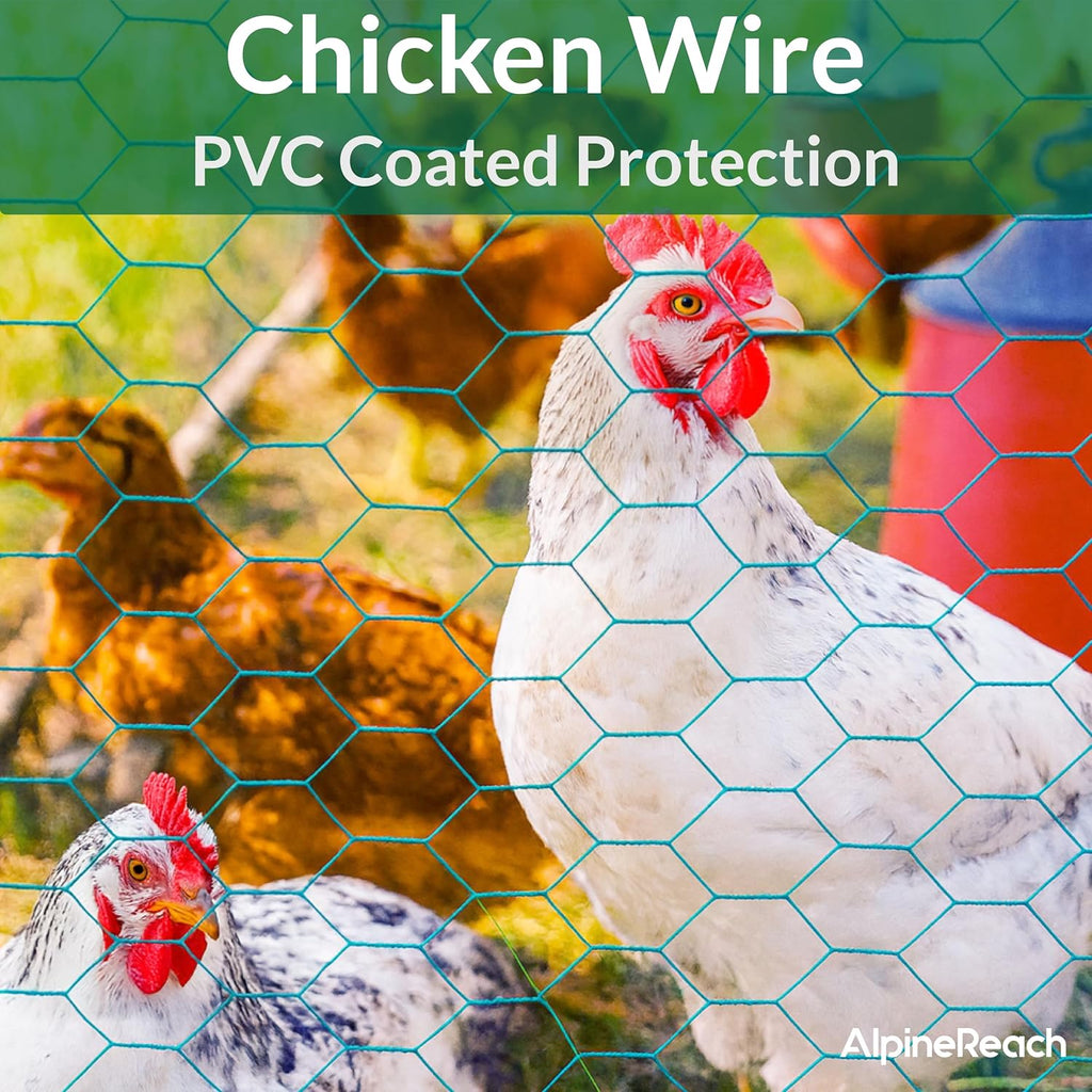 AlpineReach Chicken Wire 1.3ft x 27ft Fencing for Poultry, Crafts, Floral Arrangements, Zip Ties - Green Mesh Roll