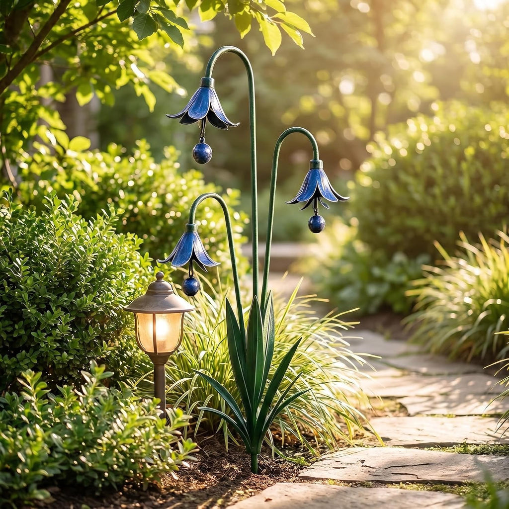 Triple Bluebell Metal Garden Stake with Bells, Handcrafted Yard Decor | Solid metal structure, rust & weather resistant