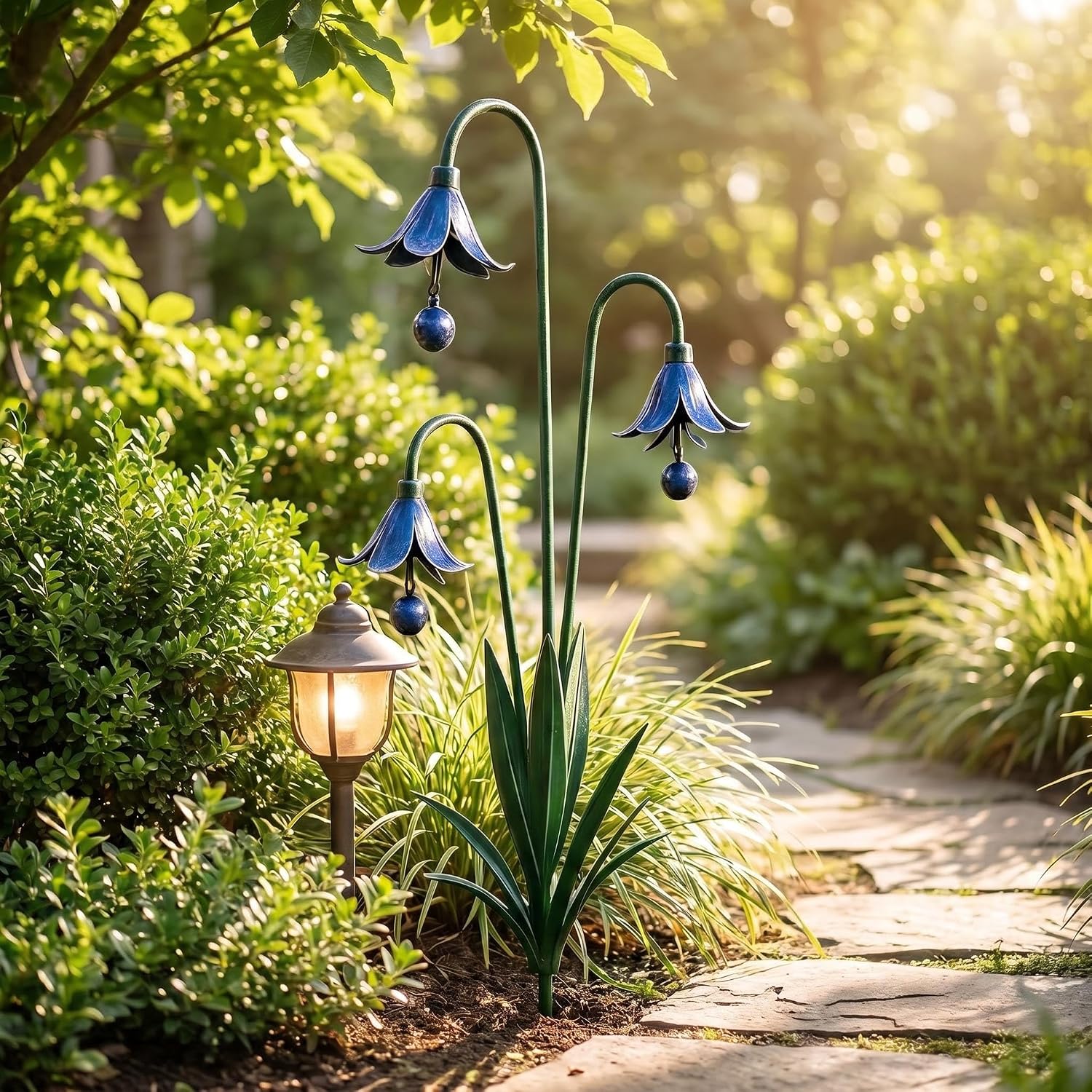 Triple Bluebell Metal Garden Stake with Bells, Handcrafted Yard Decor | Solid metal structure, rust & weather resistant