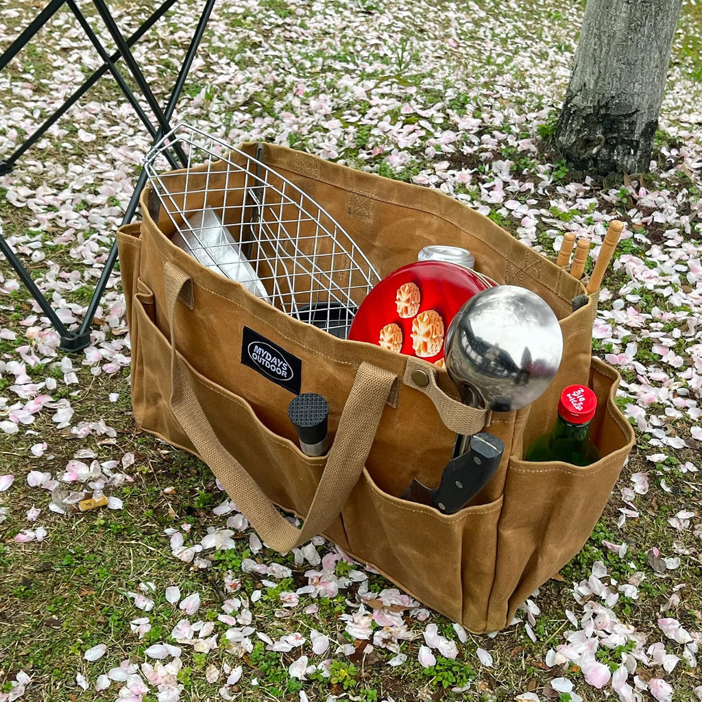 Portable Garden Camping Tool Storage Bag,Waxed Canvas Firewood Carrier Tote bag,Collapsible Sturdy Garden Basket Great