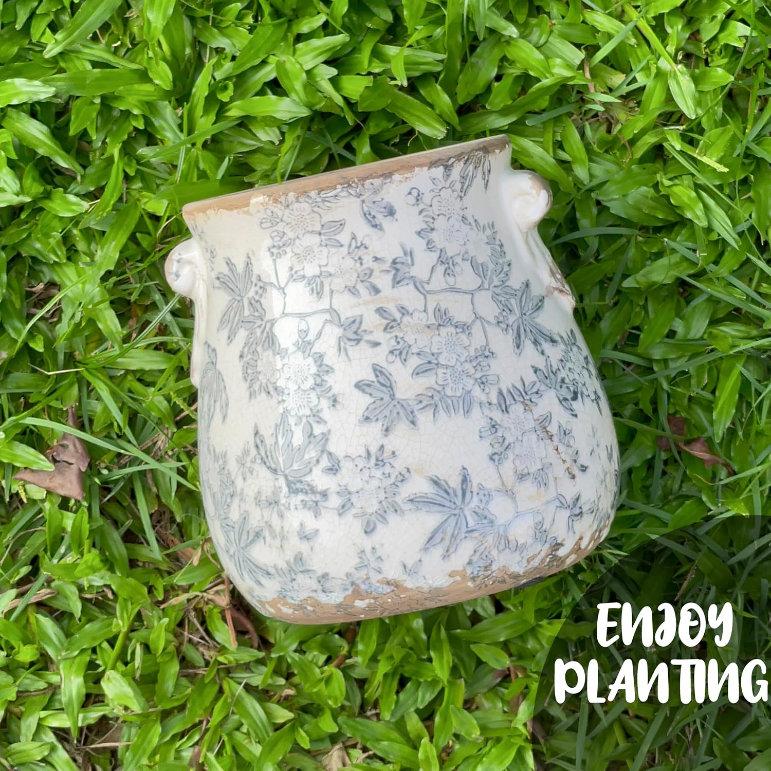 Vintage Grey Ceramic Ice Crack Glaze Flower Pot with Drainage Holes and With Handle, Country Rustic Planters for Indoor