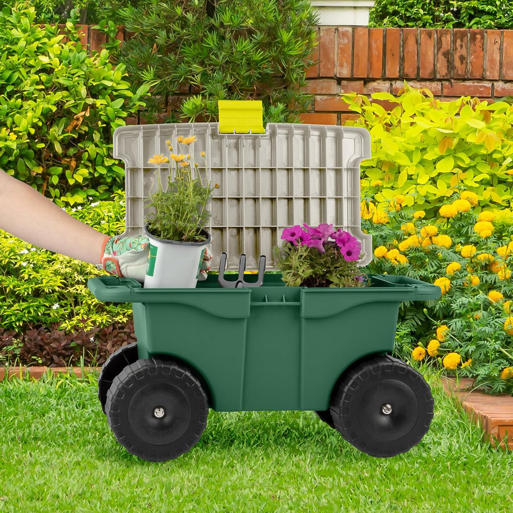 Rolling Garden Cart with Seat - Plastic Storage with Bench and Interior Tool Tray - Gardening Stool for Weeding and