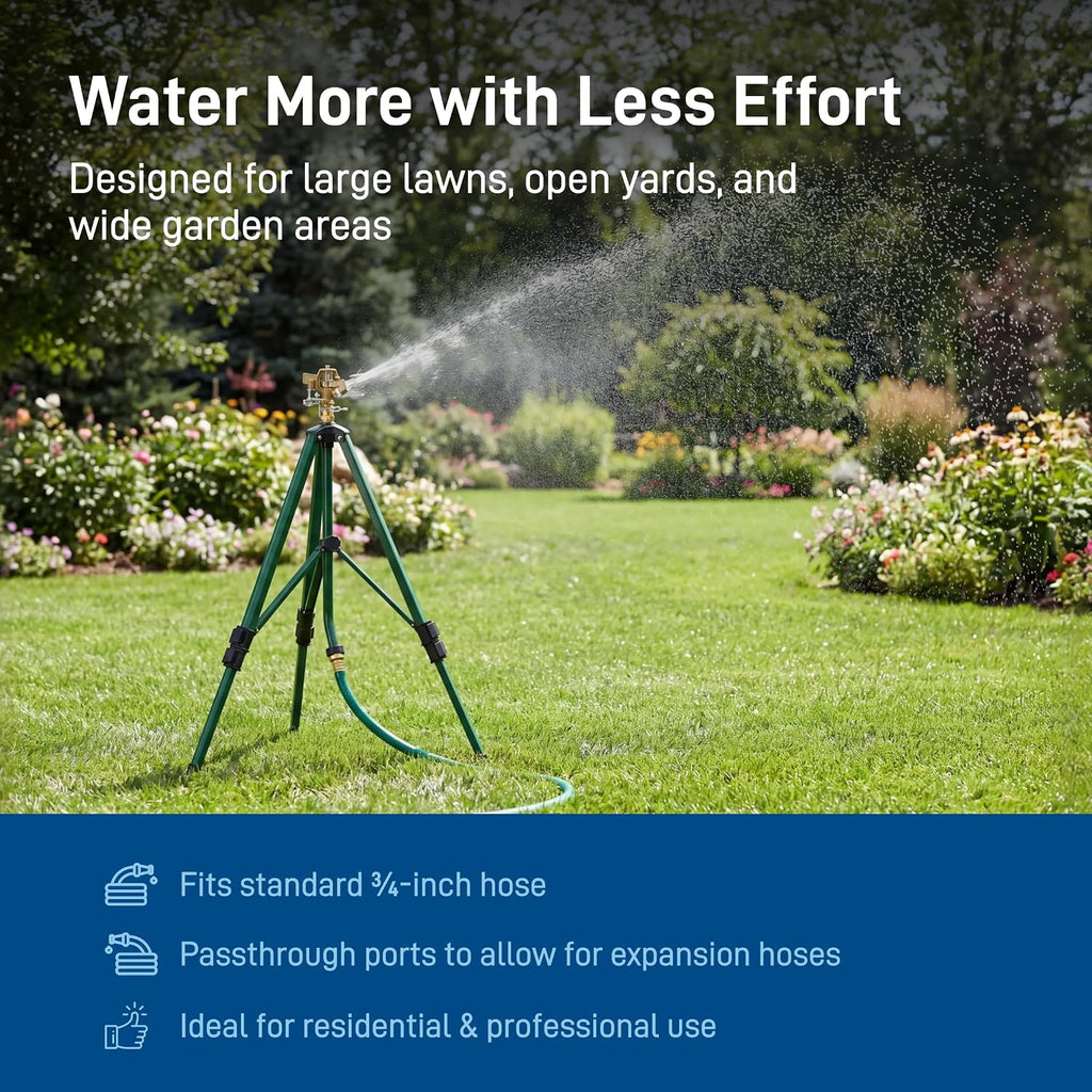 Orbit 1/2 Inch Brass Impact Sprinkler - Adjustable Metal Tripod - Long Range Lawn Watering System - 360 Degree Rotating
