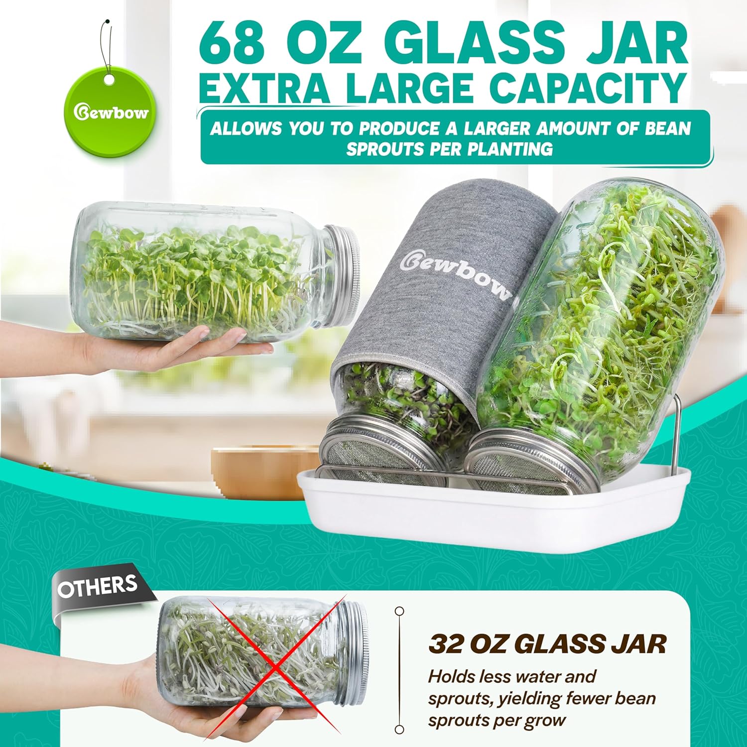 2000ml(68oz) LARGE SIZE Seed Sprouting Mason Jar Kit with Stand, Drain Tray | Screen Lids Seed Sprouting Kit, Blackout