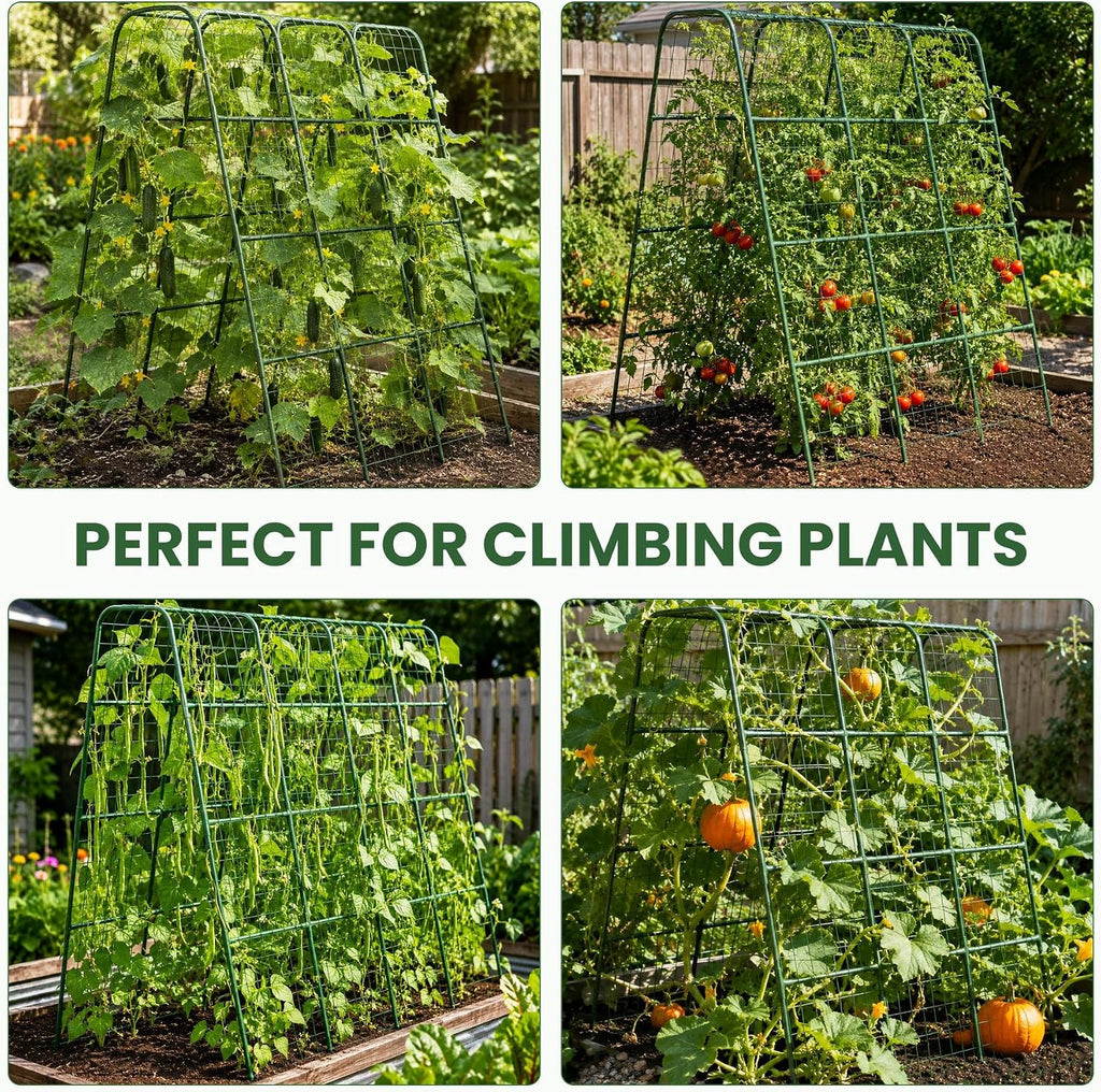 63" Tall Garden Trellis for Climbing Plants, 16mm Heavy Duty Metal Frame Cucumber Trellis with Netting, 20 Plant Clips