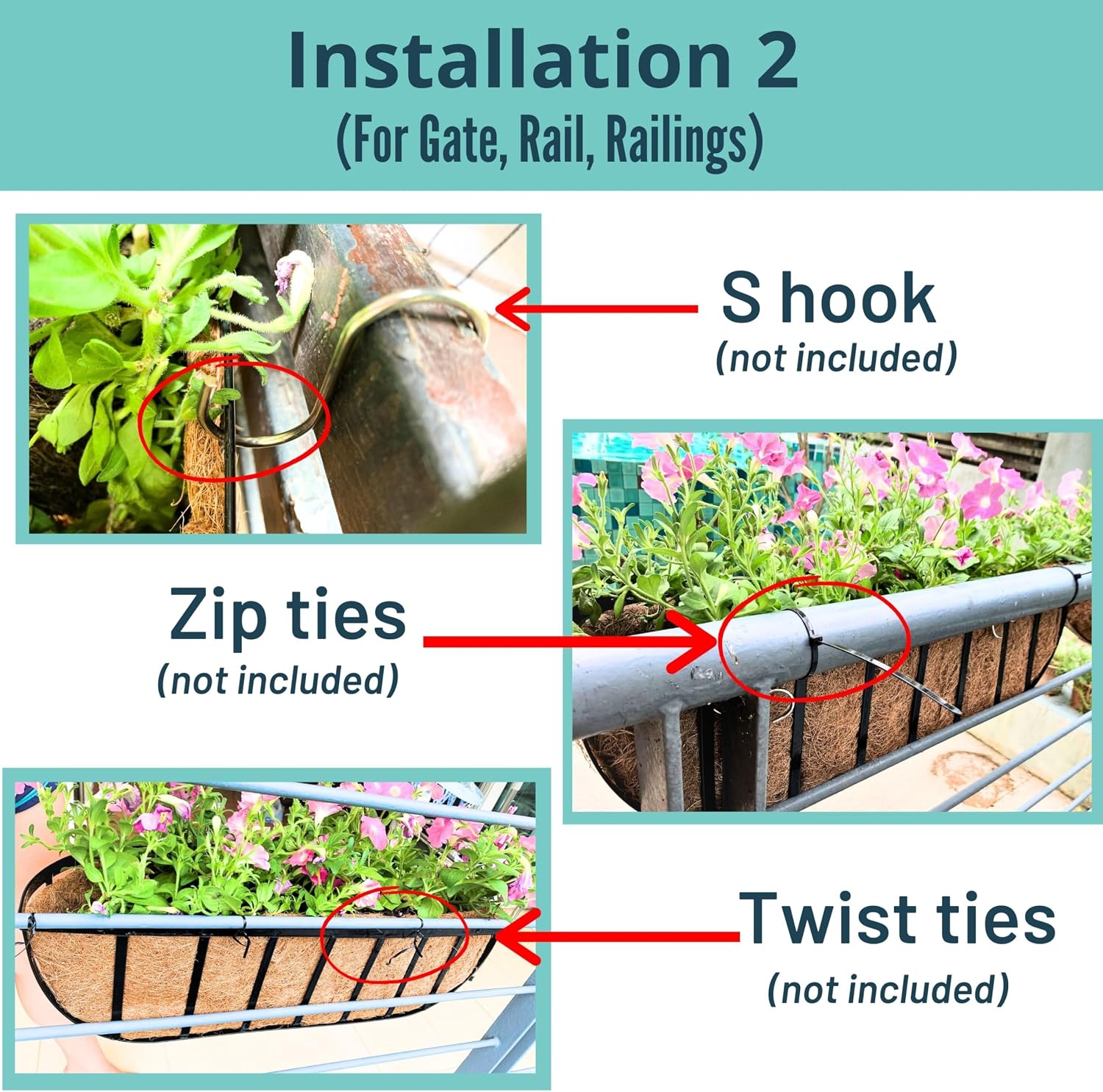 LaLaGreen Deck Railing Planter Boxes for Plants (24 Inch, 2 Pack) Black Metal Wall Planters for Outdoor Plants, Window
