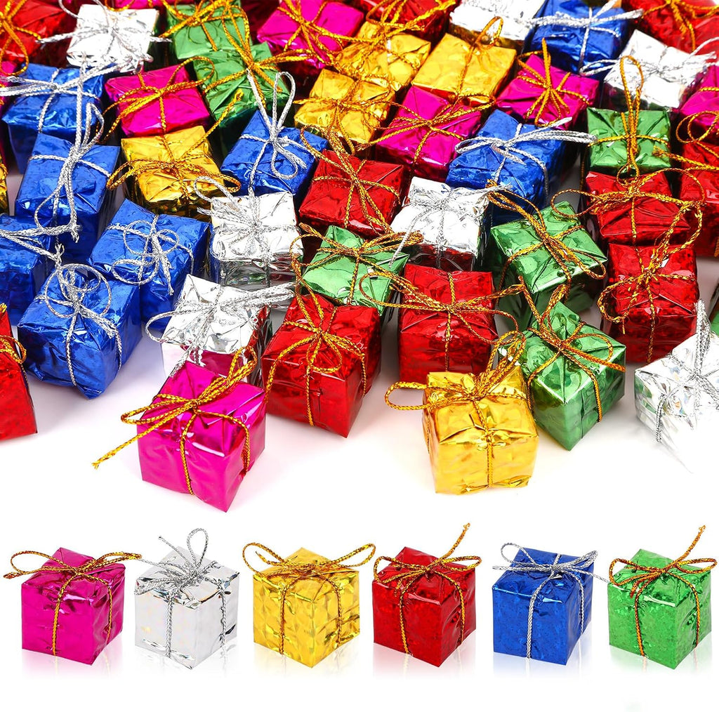 JUNEBRUSHS 120 Pcs Christmas Mini Boxes, Mini Foam Presents Small Shiny Gift Box Hanging Ornaments for Christmas Tree Home Decor Xmas Crafts