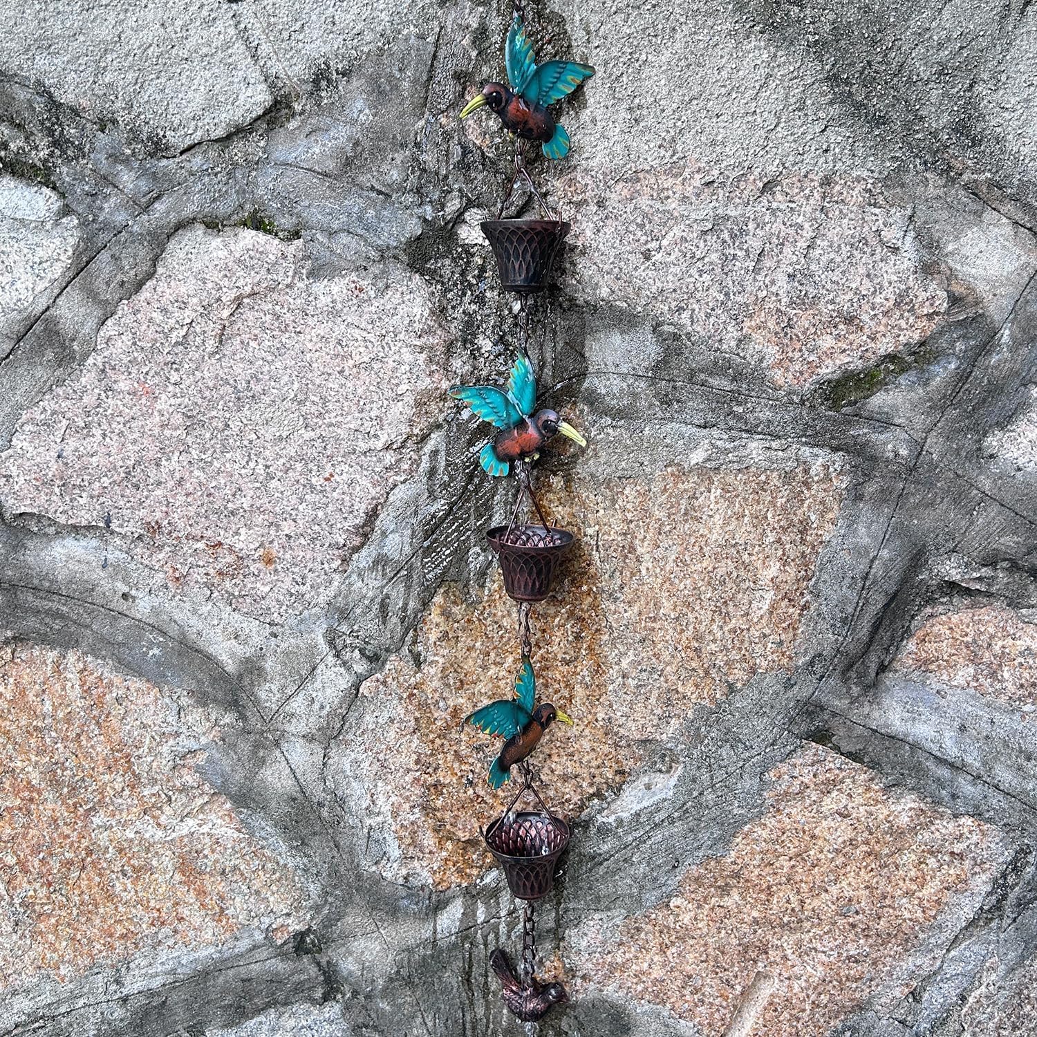 8.5FT Rain Chain, Hummingbird and Cup Rain Chains for Gutters and Downspouts | Metal Decorative Rainwater Catcher
