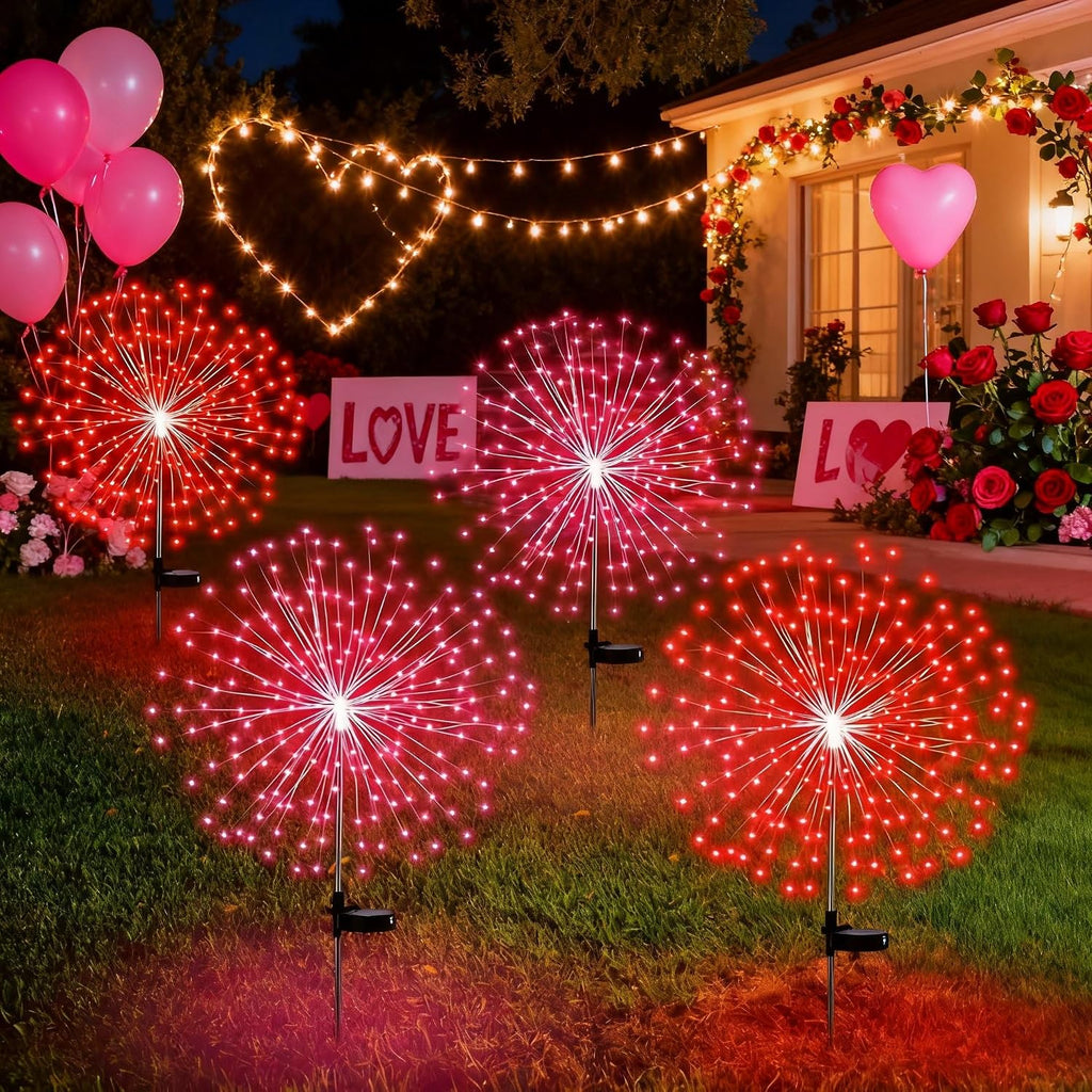 Tujoe 4 Pack Valentines Day Solar Firework Lights 180 LED 8 Lighting Modes Waterproof Solar Lamps Decorative Garden Stake Lights for Valentines Wedding Party Pathway Patio Decor