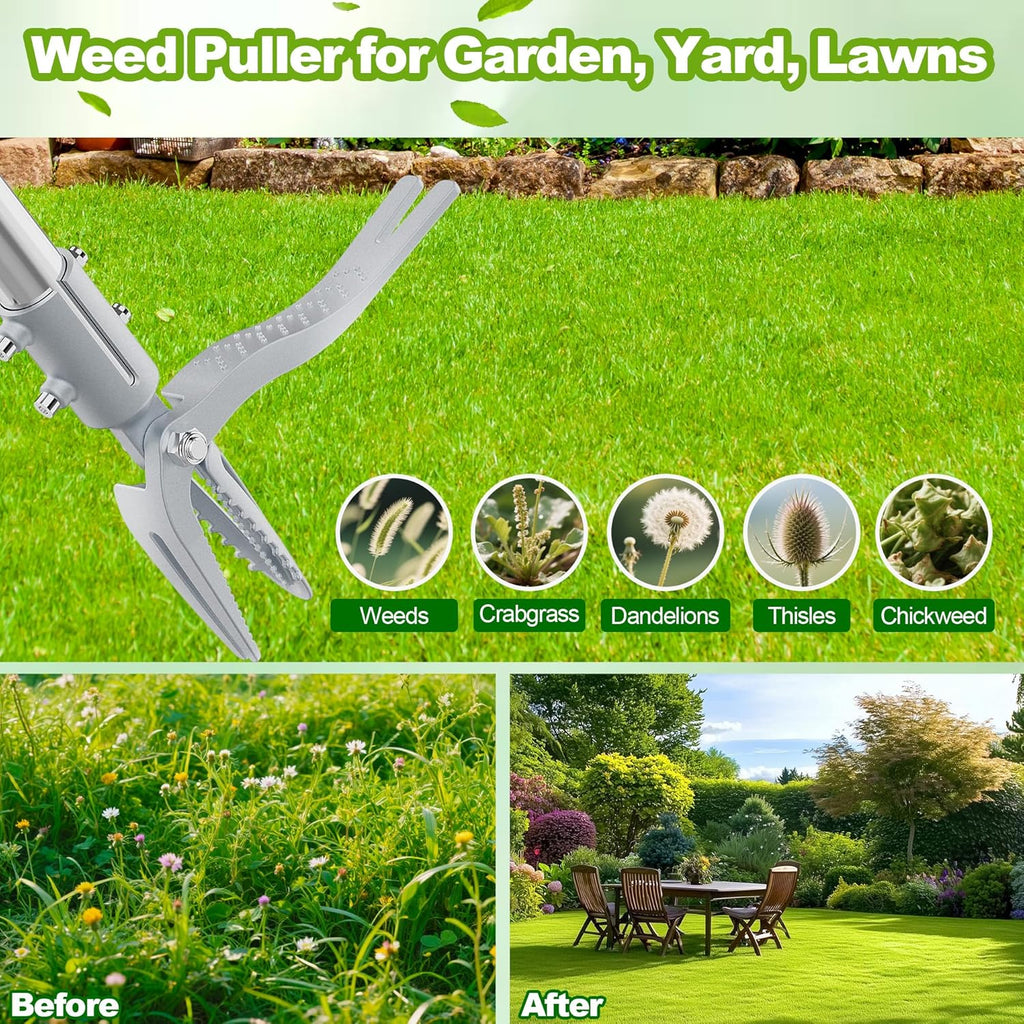 Weed Puller Tool with Gloves, Long Handle Stand Up Weed Tool, Heavy Duty Weeder Remover Tool with 4 Claw Steel Head for