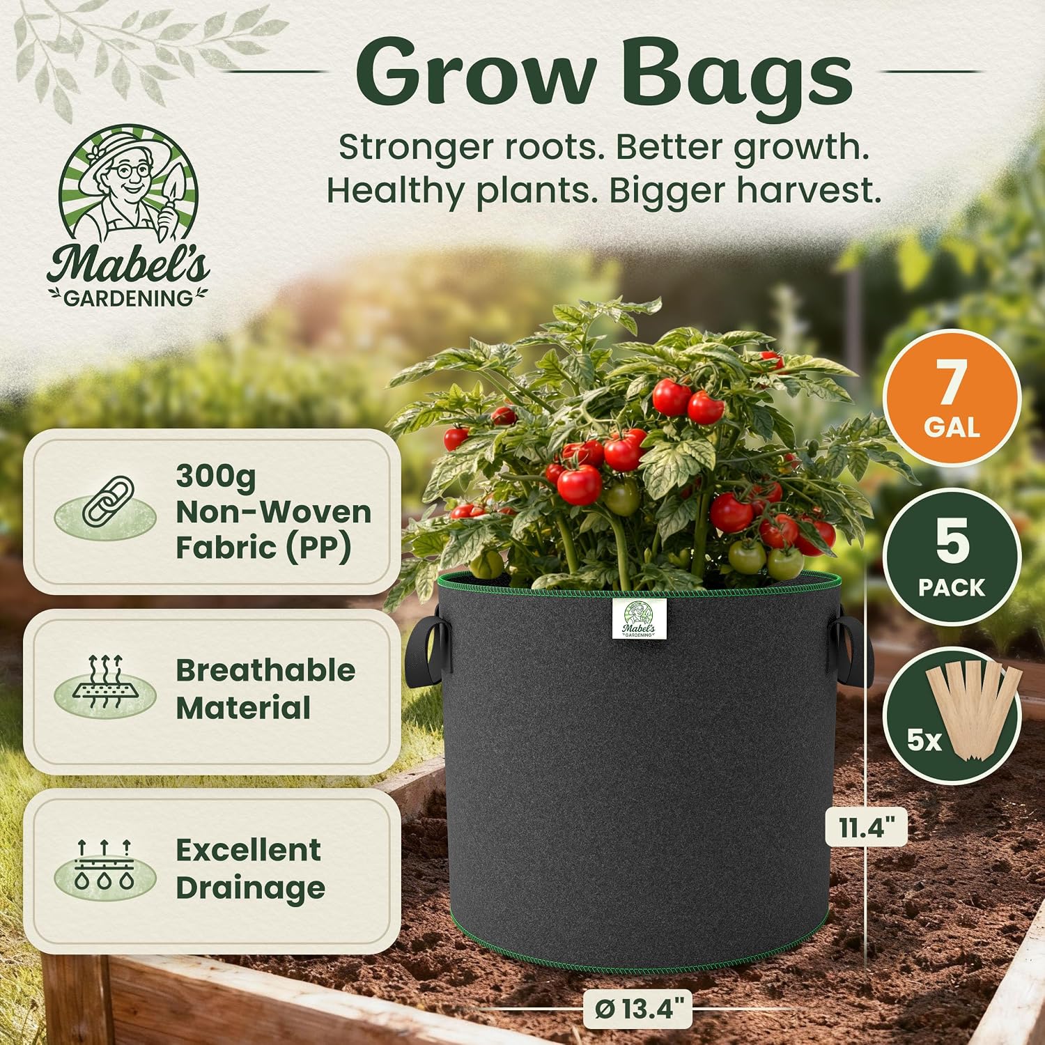 Mabel's Gardening 5-Pack 7 Gallon Grow Bags - Garden Planting Bags 13.4 x 11.4 INCH Made of 8.85 oz/yd² (300g/m²) Felt
