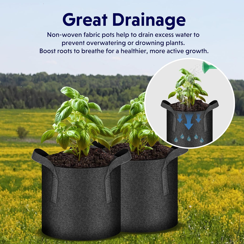 iPower 5-Pack 15 Gallon Plant Grow Bags Thickened Nonwoven Aeration Fabric Pots Heavy Duty Durable Container, Strap