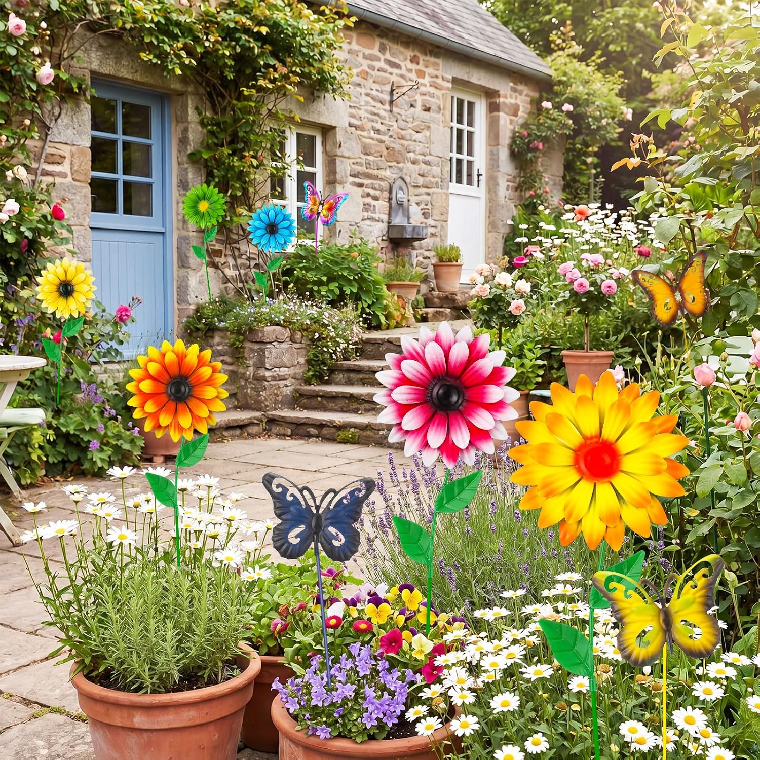 Chumia 10 Pack Decorative Garden Metal Flowers for Outside 3D Garden Flowers Stakes Art Outdoor Yard Decor for Lawn