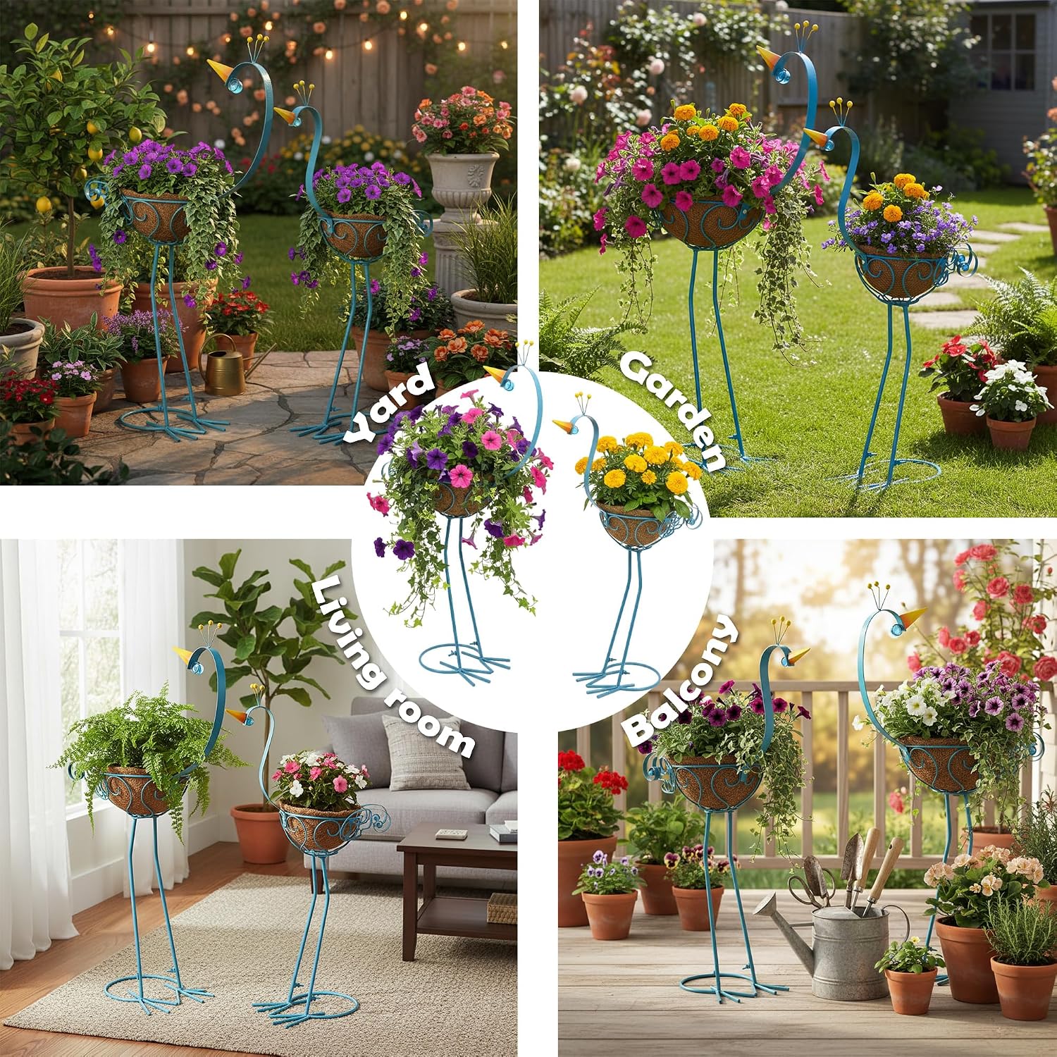 Peacock Metal Plant Stand 2 Sets Flower Pots Holders, Planters for Outdoor | J-Fly; Plants with Coconut Pots, Front