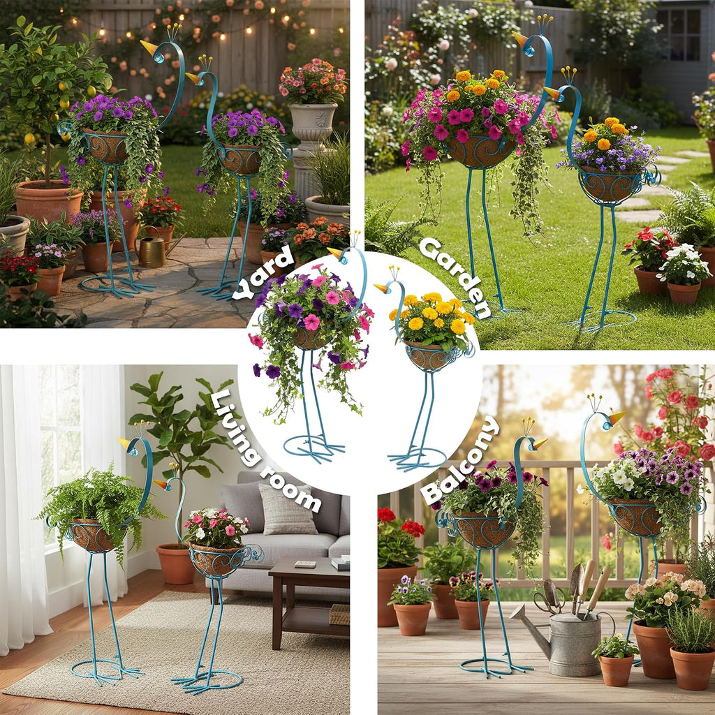 Peacock Metal Plant Stand Flower Pots Holders Plants with Coconut Pots | Manortang 2 Sets Planters for Outdoor Indoor