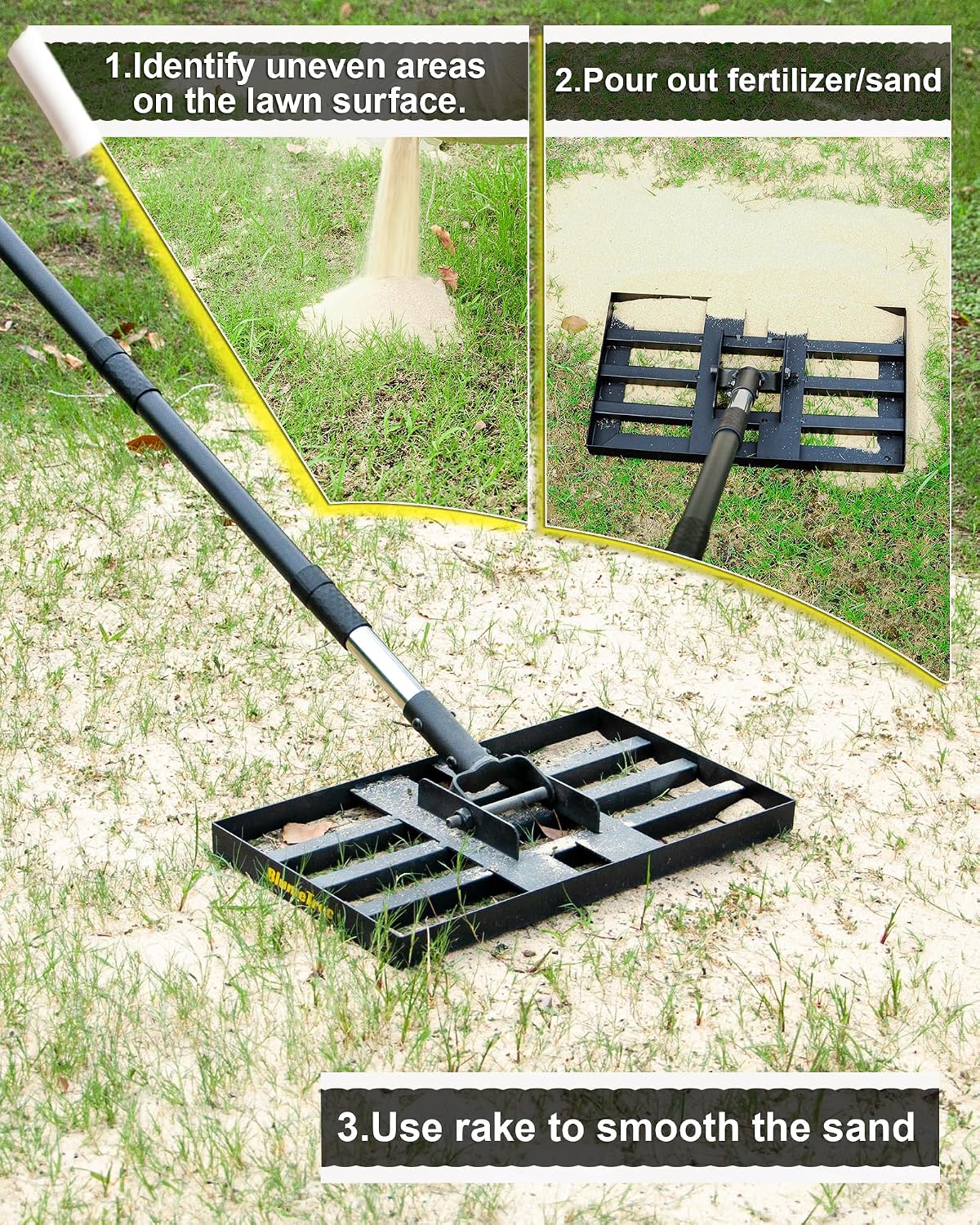 Lawn Leveling Rake, 17"x10" Heavy Duty Sand Leveling Tool with 6.7FT Stainless Steel Long Handle, Golf Rake for Soil