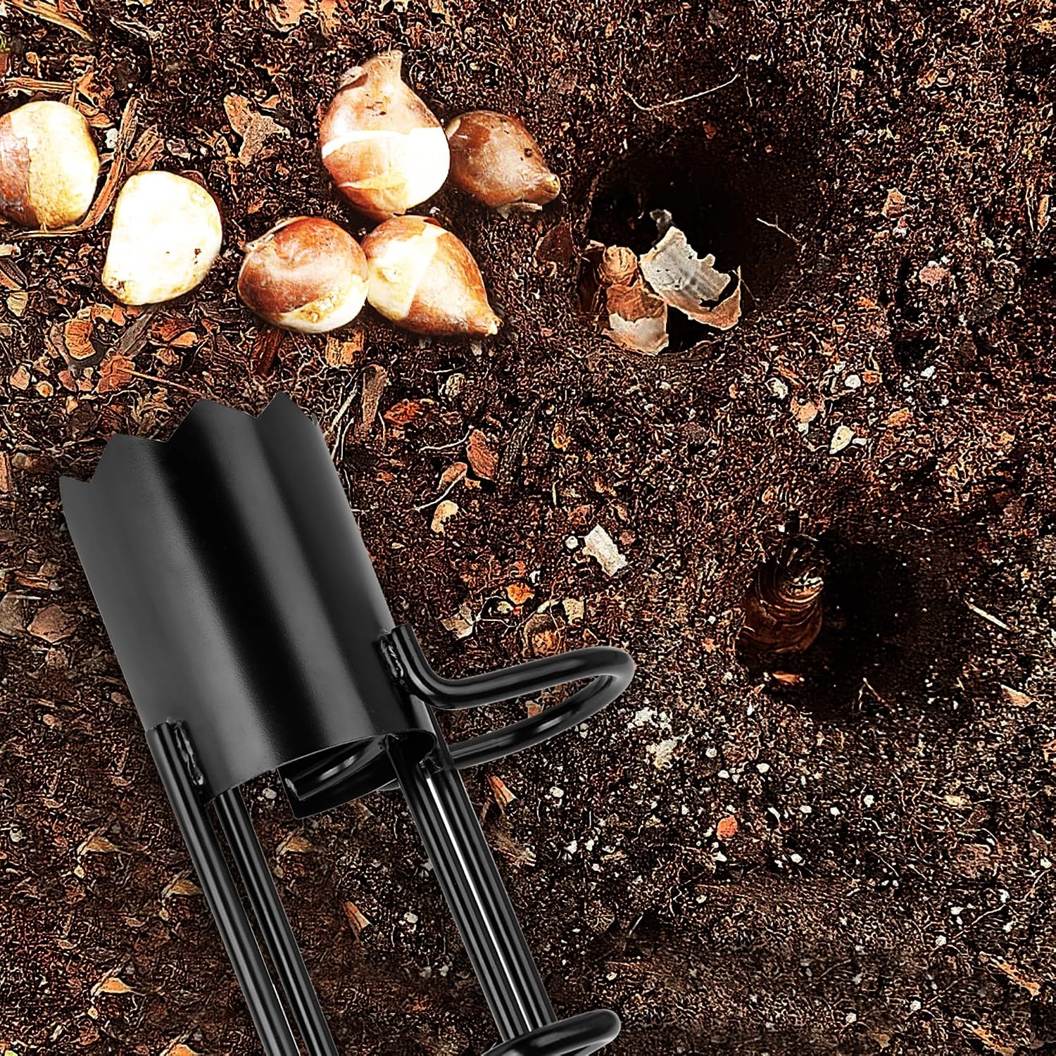 BARAYSTUS Bulb Planter Tool Long Handle, Tulip Bulb Planter Tool with Serrated Base & Double Pedal, Soft T Grip Sod