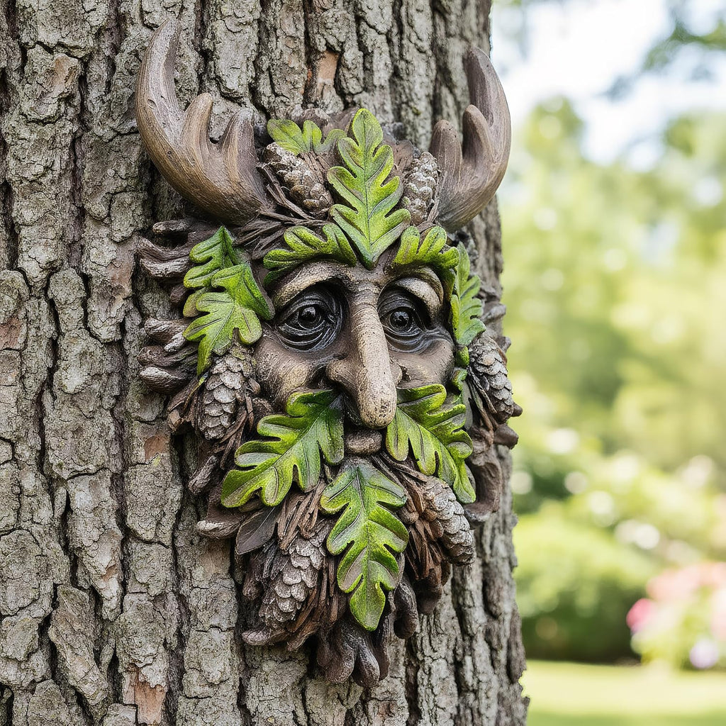 8.3" Real Tree Face Hugger Statue, Garden Outdoor Resin Sculpture with Foliage Features, Fairy Elve Accent Yard Art