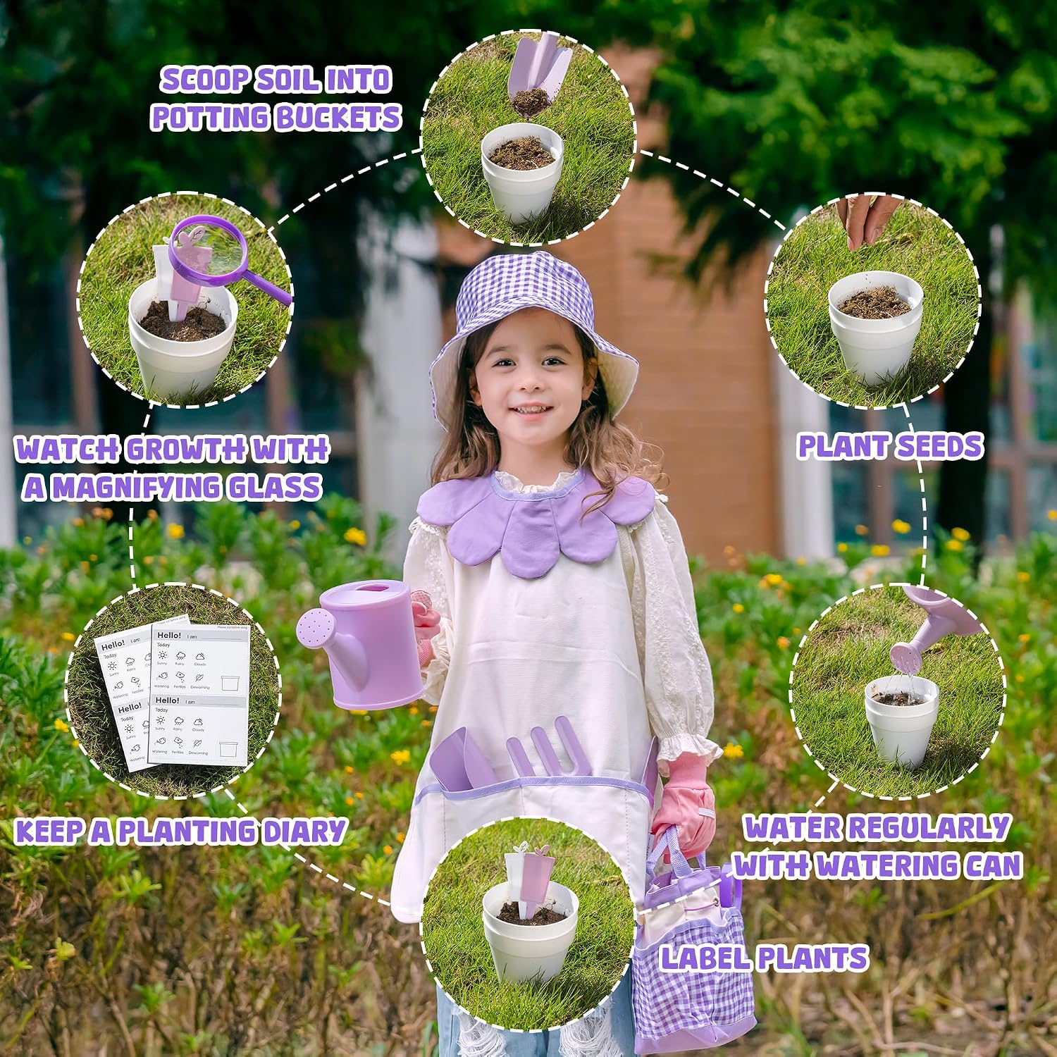 ROBOTIME Kids Gardening Set, 17PCS Toddler Gardening Tools, Toddler Gardening Set with Apron, Hat, Gloves, Watering Can