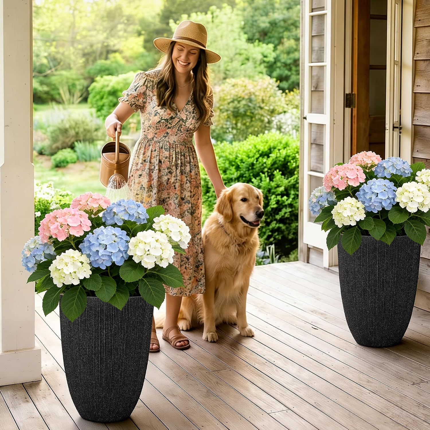 2-Pack 19" Black Resin Tall Round Planters with Fluted Texture | Set of 2 resin tall planters with black fluted