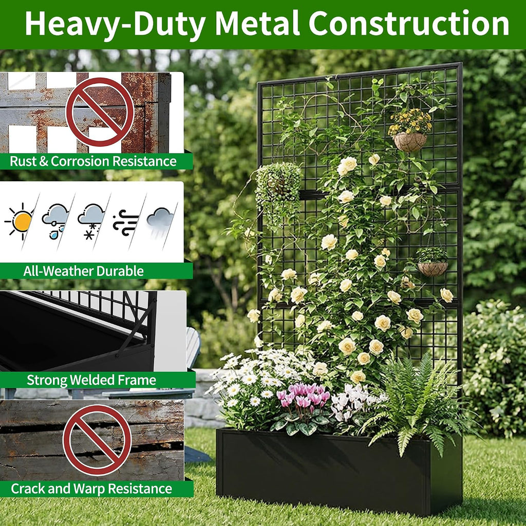 Privacy Planters for Patio – Metal Raised Garden Bed with Trellis and Privacy Screen, 71" x 35" x 16" Planter Box with