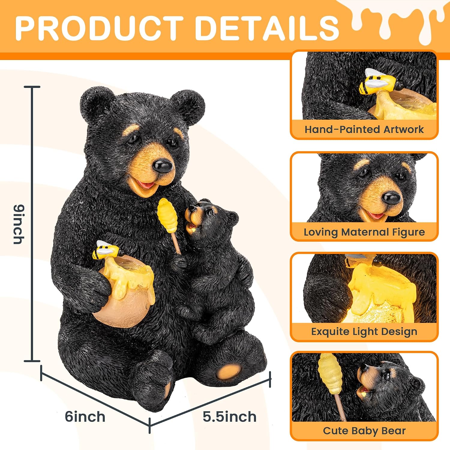 GIGALUMI Solar Garden Statues Bears 9" Black, Yard Decorations Outdoor | Loving Black Bear Decor, Bear Figurine Lights