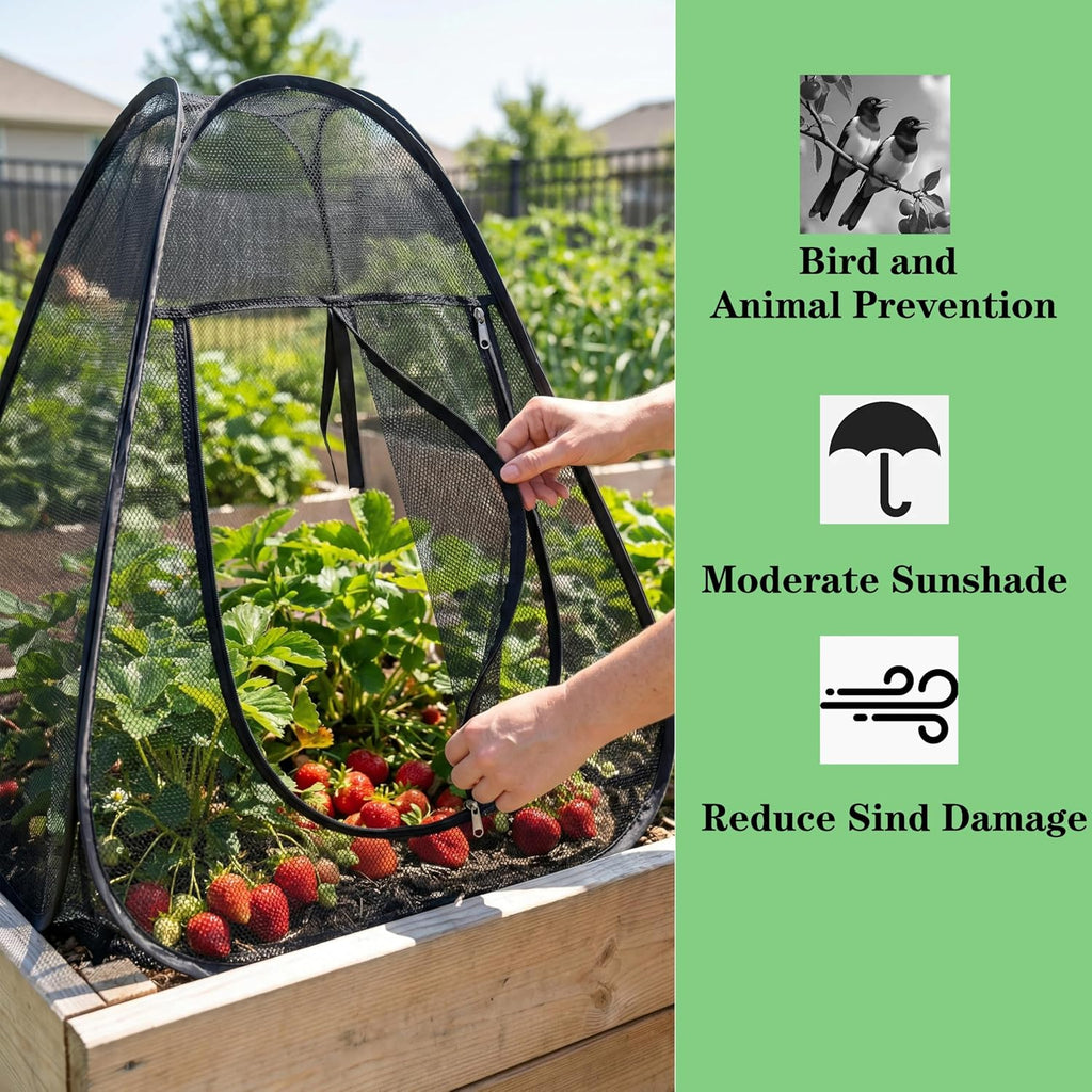 2PCS Pop-Up Garden Netting Protector with 2 Storage Bags & 16 U-Shaped Nails, 28"x28"x32" Plant Shade Tent， Mesh Plant