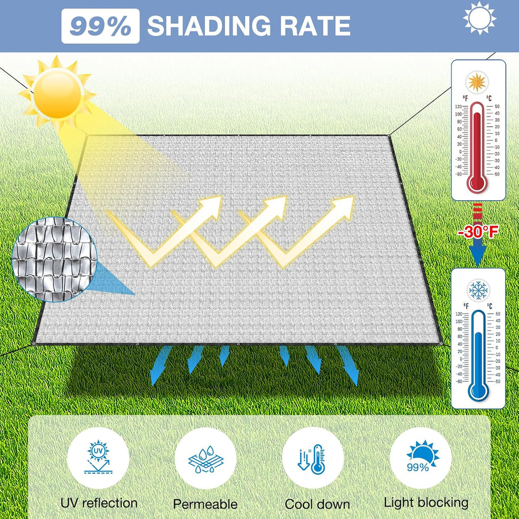 99% 6x6 FT Aluminet Shade Cloth with Grommets FT Aluminum Reflective Tarp Sun Heat Reflective Blocking Sun for Cars