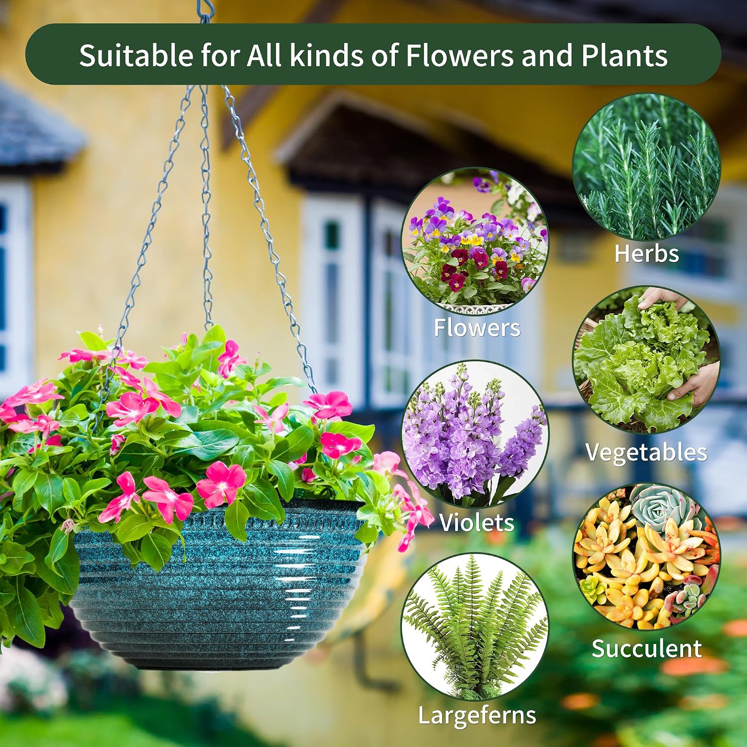 Vanslogreen 12 inch Hanging Planters for Indoor Outdoor Plants, 2 Pack Large Hanging Flower Pots with Drainage Holes