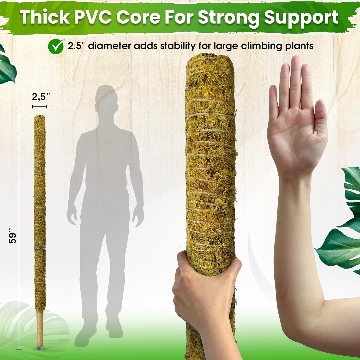 59" Natural Large Moss Pole for Big & Mature Plants, (1pc., 59'') | Forest Moss Surface, Monstera Plant Support, Rigid