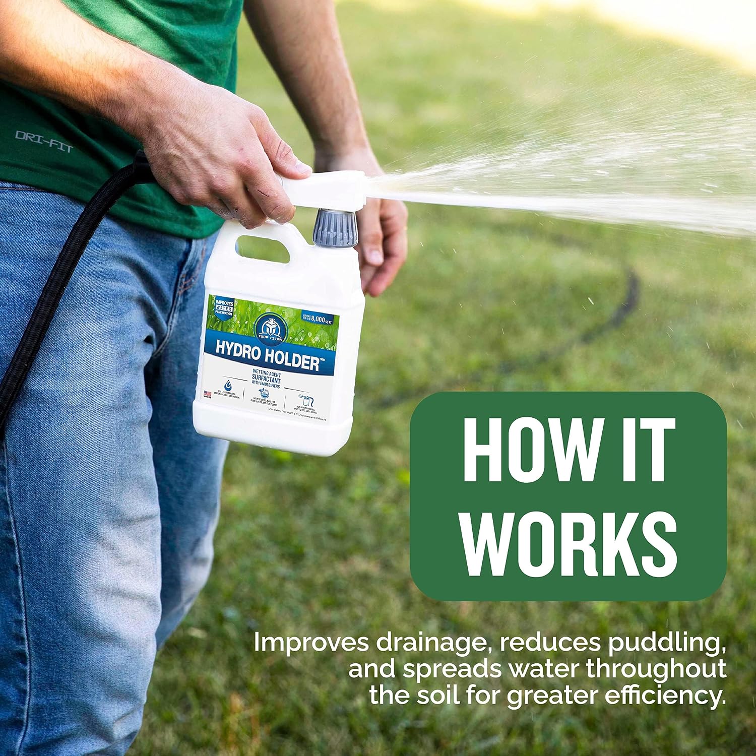 Turf Titan Hydro Holder Soil Wetting Agent for Lawn (32 oz) w/Hose End Sprayer – Improves Water Absorption in Dry &