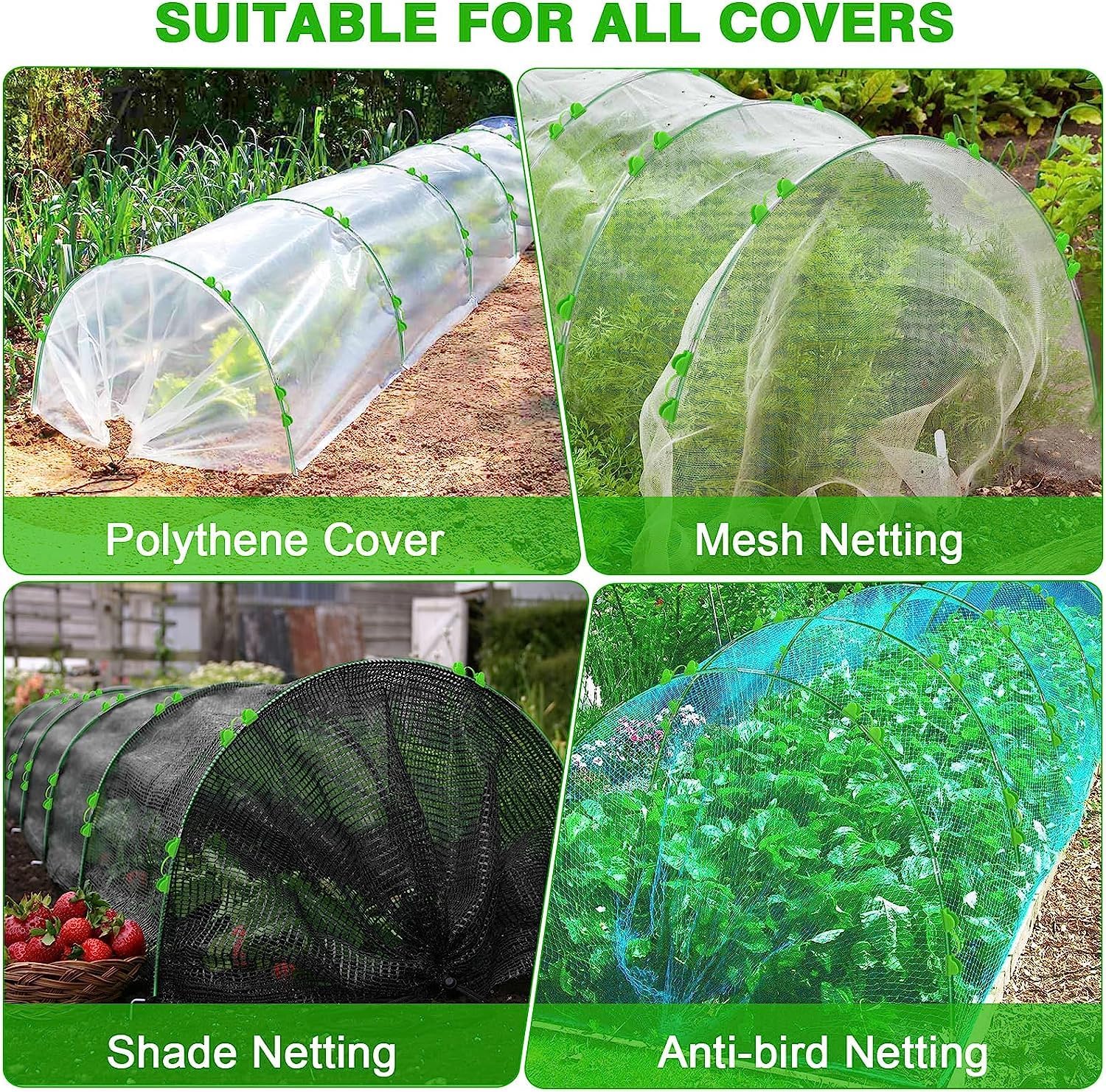 60pcs Garden Hoops for Raised Beds Wide, 8ft Greenhouse Hoops Grow Tunnel for Row Cover Netting, Adjustable Fiberglass