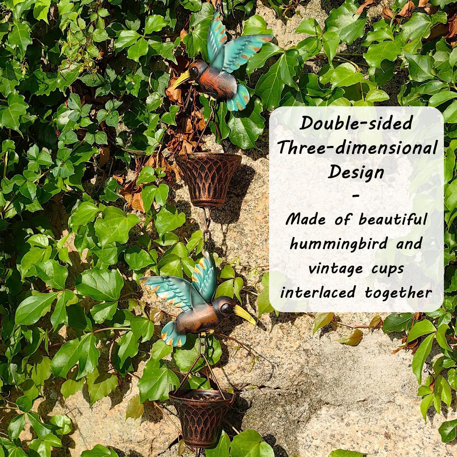 8.5FT Rain Chain, Hummingbird and Cup Rain Chains for Gutters and Downspouts | Metal Decorative Rainwater Catcher