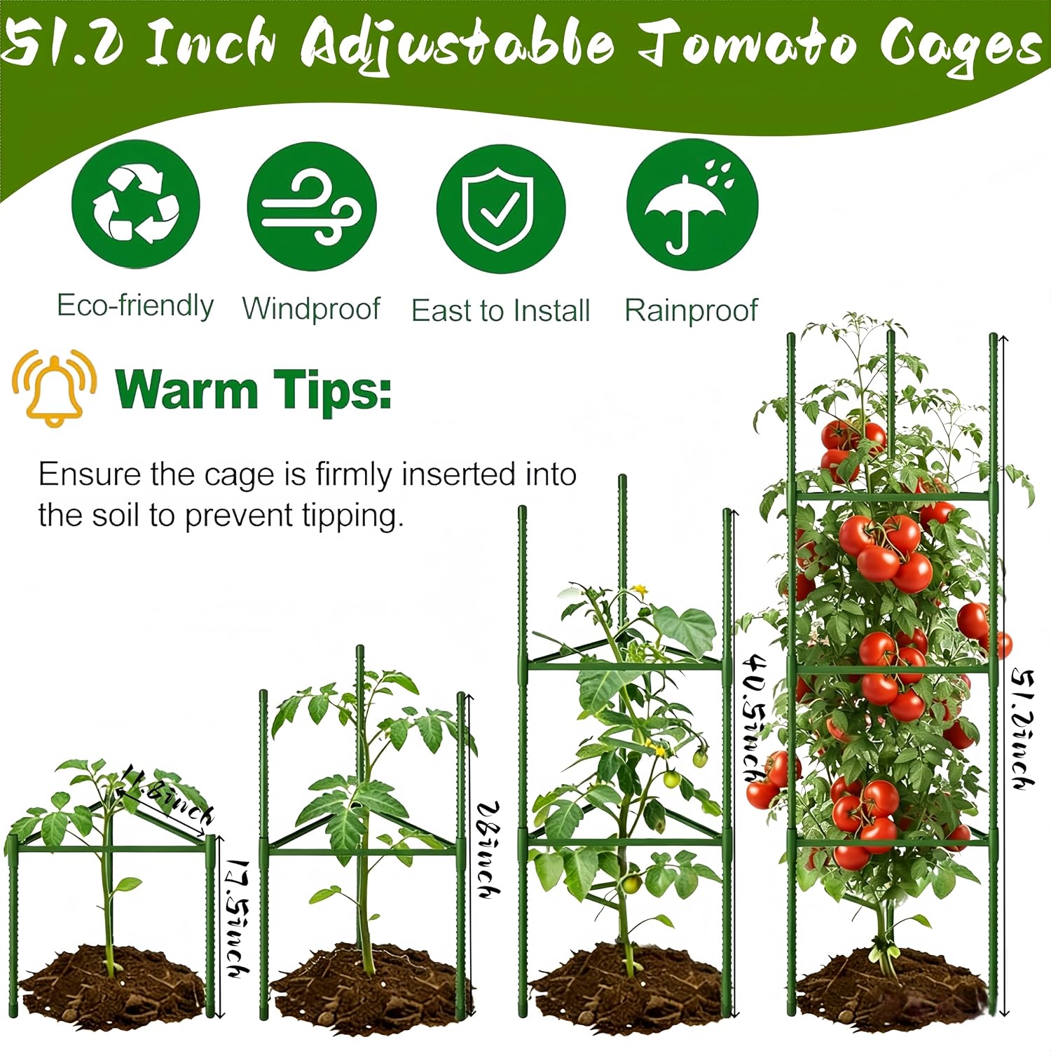6 Pack Tomato Cages for Garden, 51.2 Inch Tall Adjustable Tower Tomato Trellis for Raised Garden Bed, Heavy Duty Metal