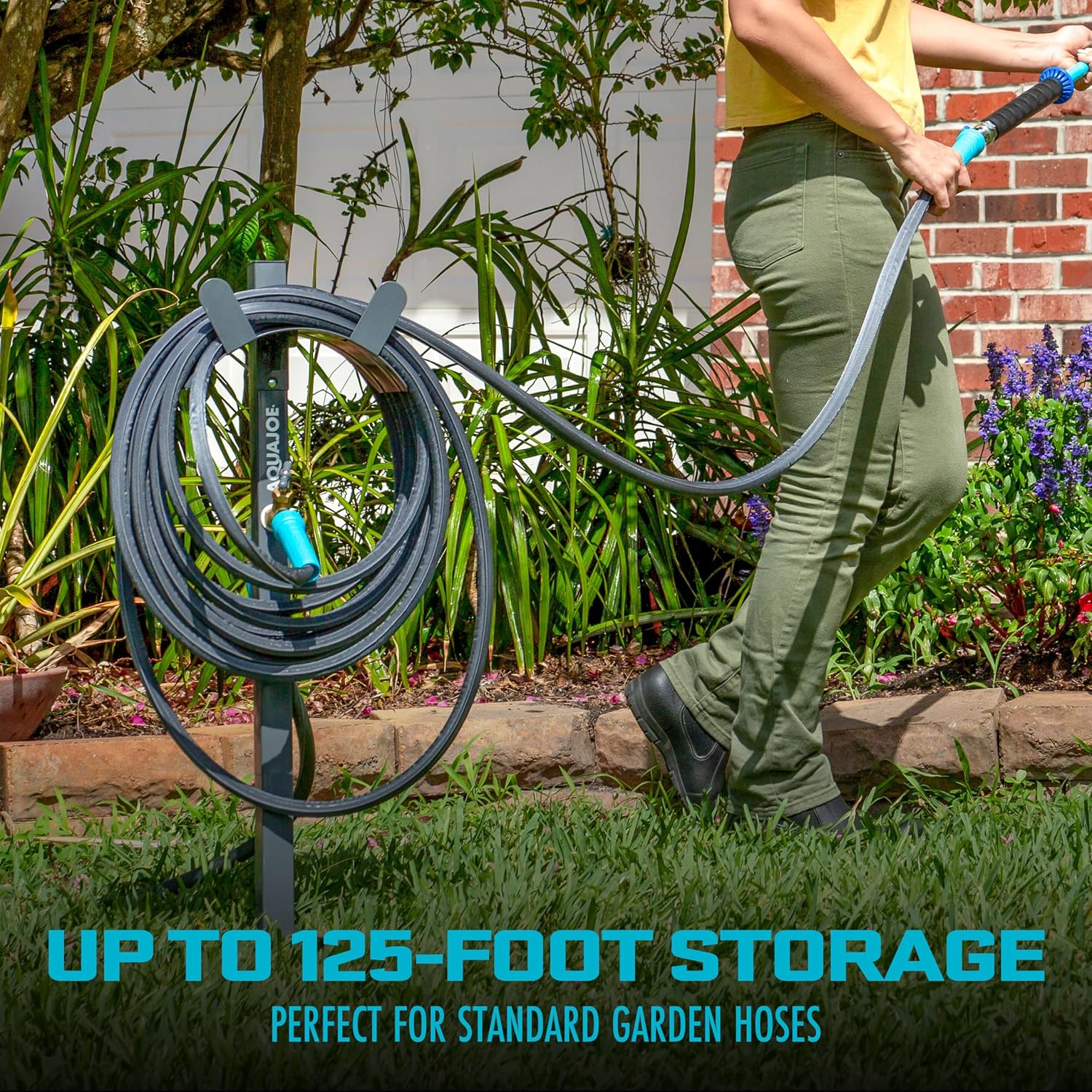Aqua Joe SJ-SHSBB3LIH Garden Hose Stand with Brass Faucet and 3 ft Lead in Hose, Gray