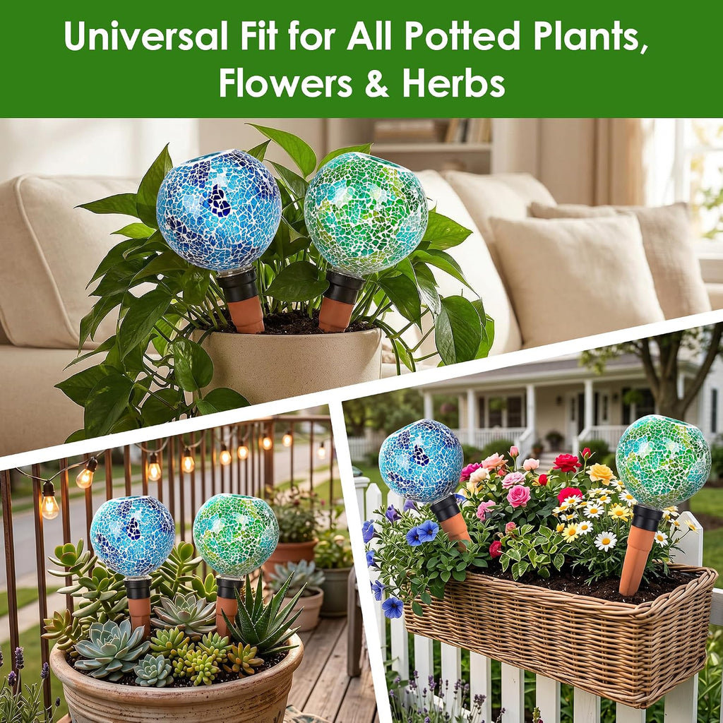 Terracotta Watering Spikes Mosaic Plant Watering Globes 2 Pack | Automatic Plant Waterer for Indoor, Outdoor & Garden
