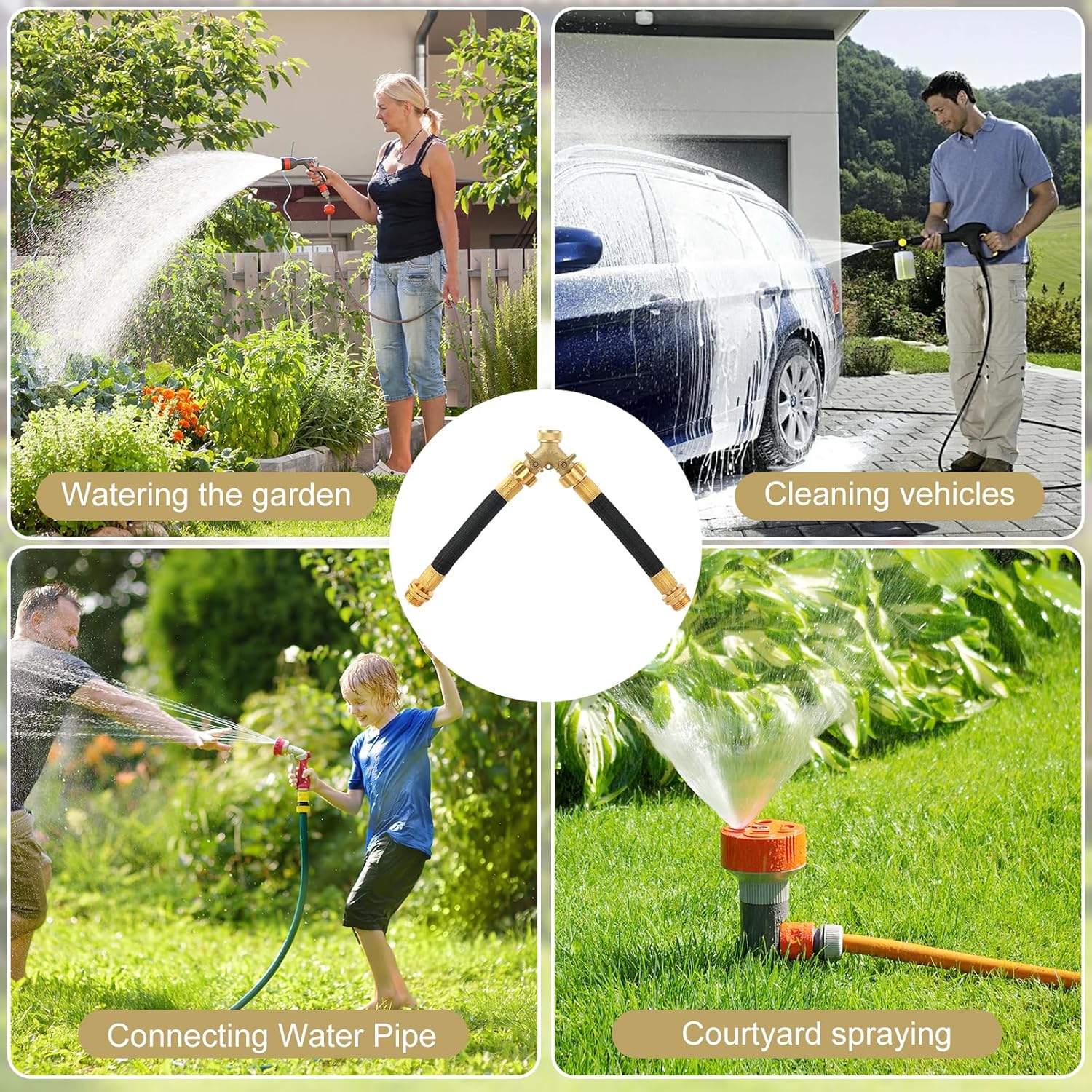 3/4 Inch Brass 2-Way Garden Hose Splitter – Y-Shaped Hose Connector with 2 Anti-Kink Spiral Protectors, Heavy-Duty