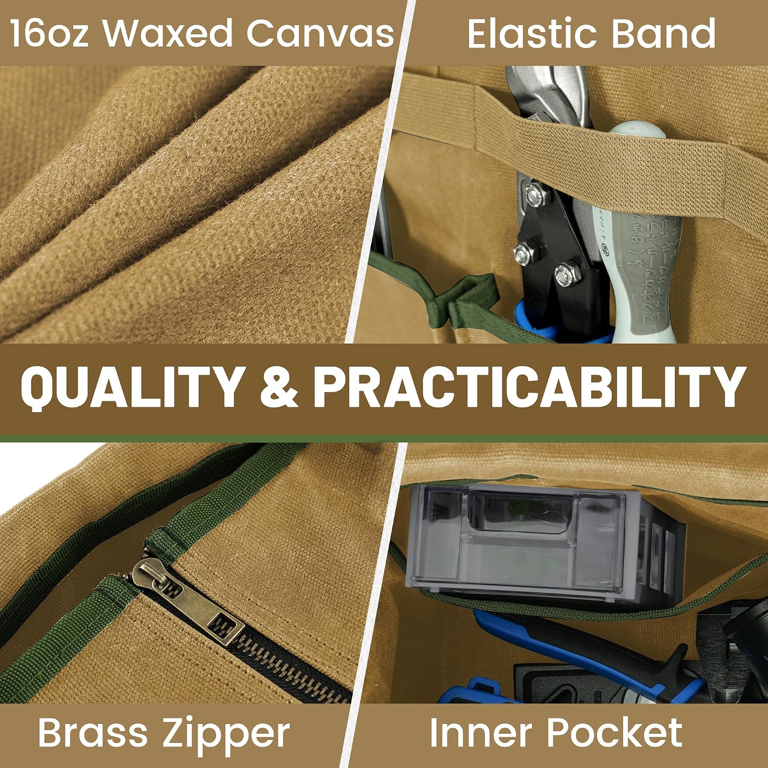 Canvas Tool Bag, 16OZ Waxed Canvas Tool Tote Bag with Metal Zipper & 12-Pocket Design, Multi-Purpose Garden Tool