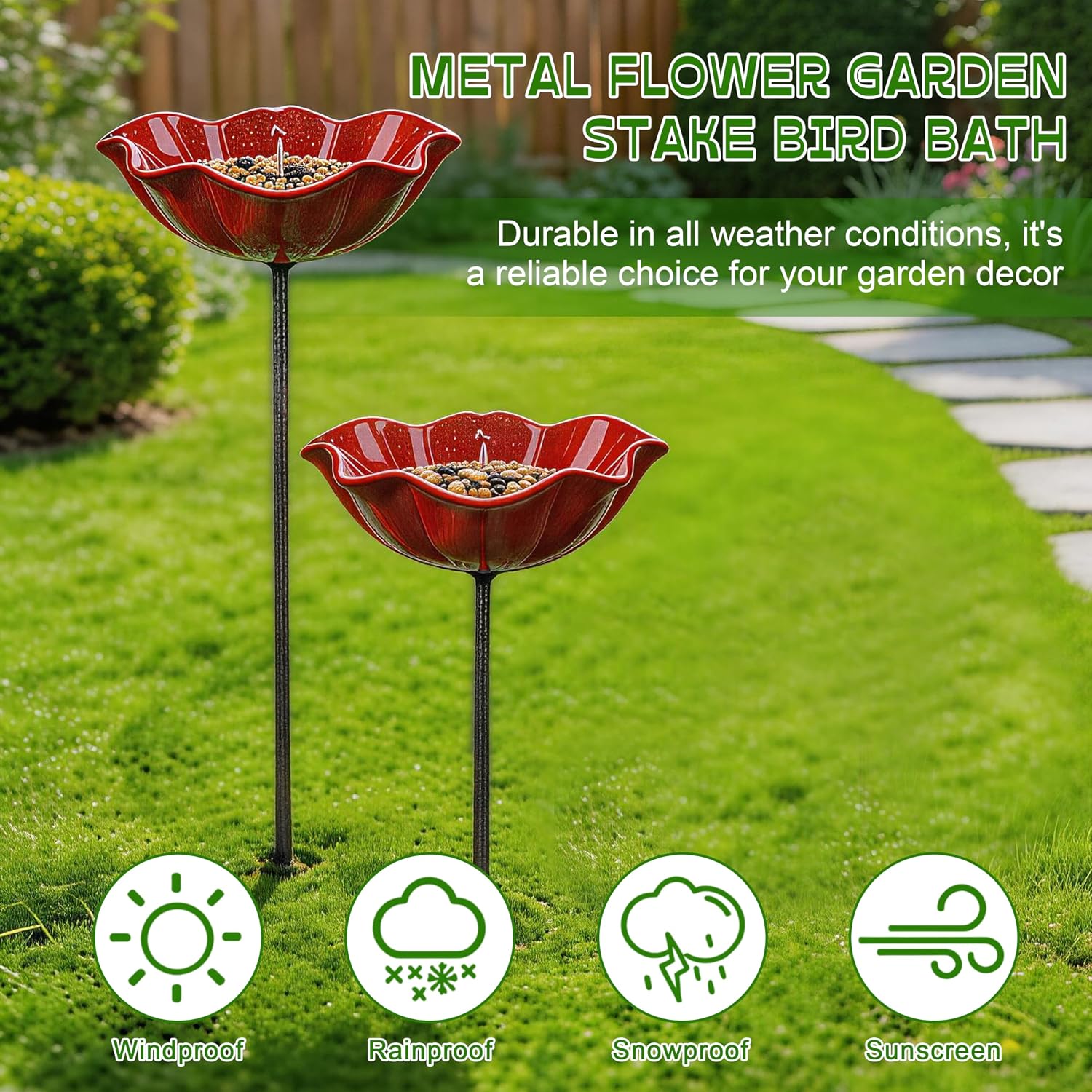 Handmade Metal Flower Garden Stake with Bird Bath & pollinator Water Station, Bee Bath for Garden Metal Bee Water
