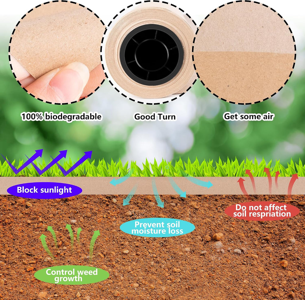 DECOHS 4 x 100 Ft Biodegradable Paper Weed Barrier- Heavy Duty Biodegradable Garden Bed Grass- Garden Paper Weed