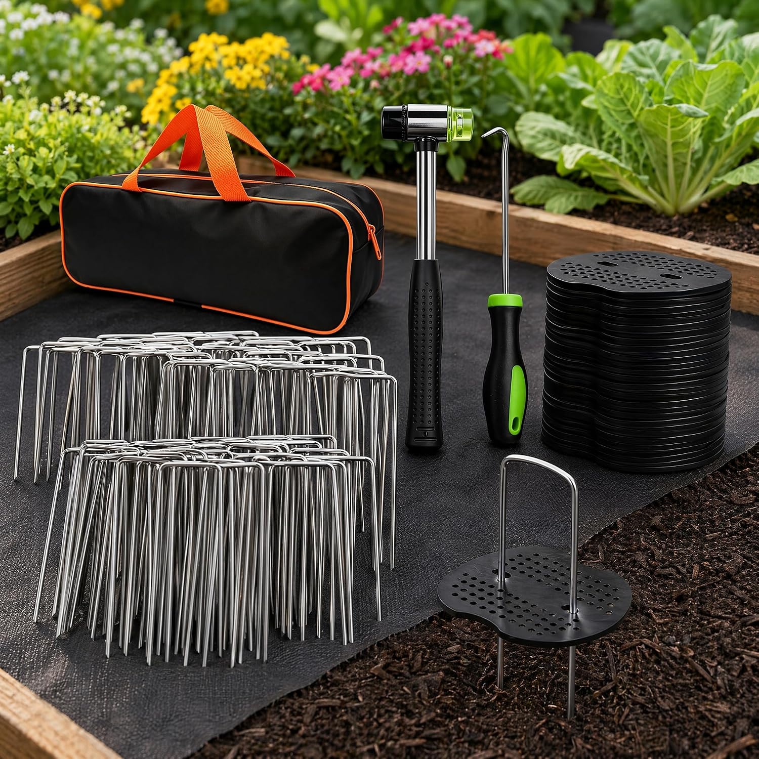 202Pcs Garden Stake Staple kit, 100Pcs 6-inch U-Shaped Landscape Staples, 100 Fixing Gasket, Pick Hook, Rubber Mallet