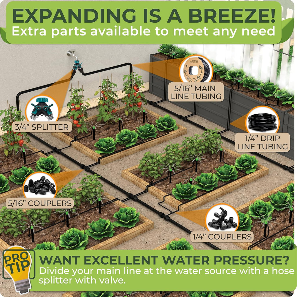 Quick Connect Drip Irrigation System Kit with Sprinkler, 100 feet | For Garden, Yard, Raised Beds, Plants, Lawn, with
