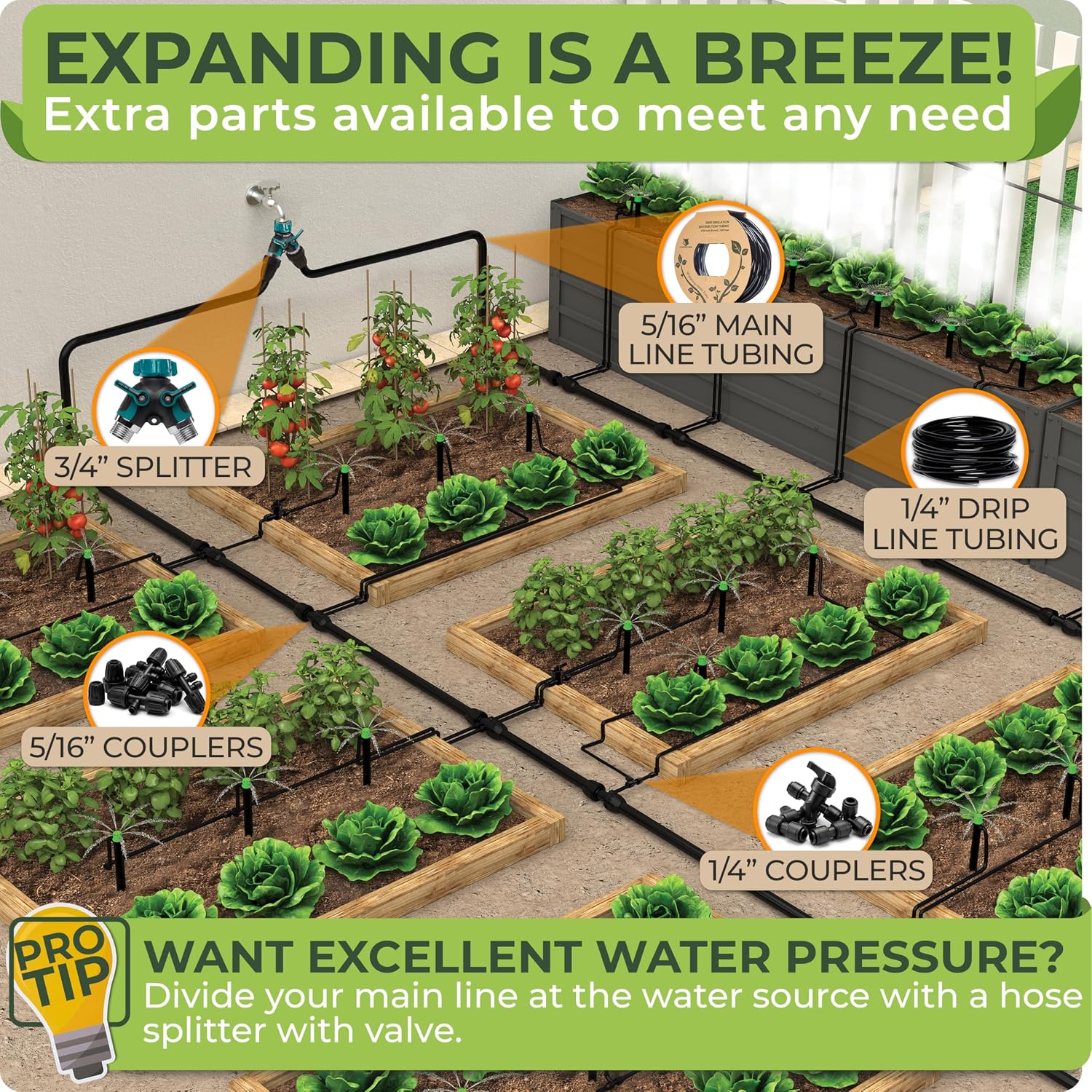 Quick Connect Drip Irrigation System Kit with Sprinkler, 100 feet | For Garden, Yard, Raised Beds, Plants, Lawn, with
