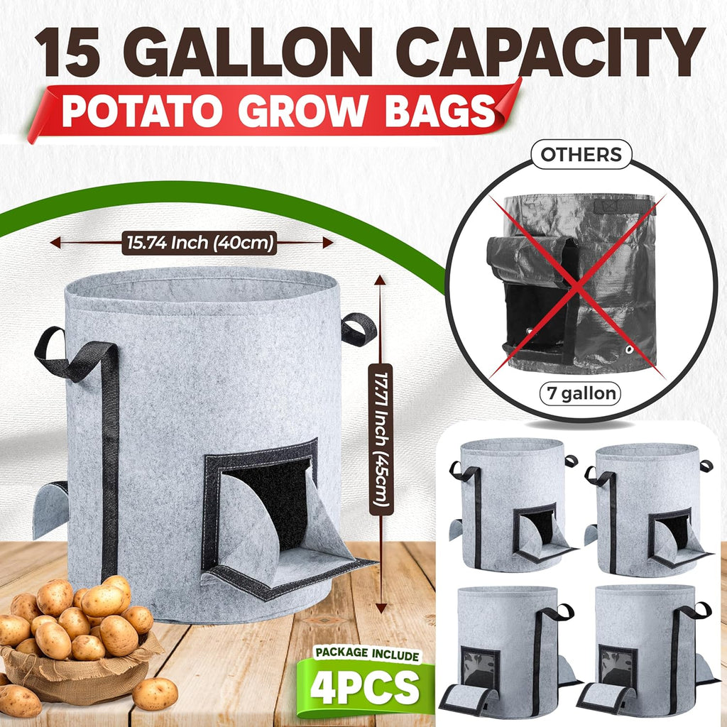 4PCS 15-Gallon Potato Grow Bag-Harvest & Visible Window Garden Planting Bag | Grey Plant Grow Bag with Reinforced